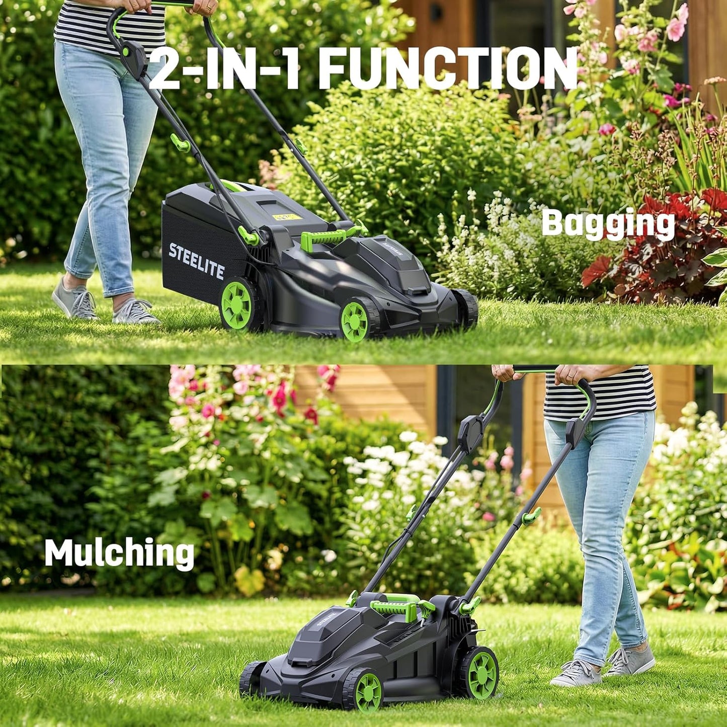 STEELITE 40V(2×20V) 17-Inch Cordless Lawn Mower Combo, Brushless Electric Mower, 12-Inch Weed Wacker & 500CFM Leaf Blower, with 4 Batteries and 3 Chargers - Shipped in 2 packages, delivery separately.