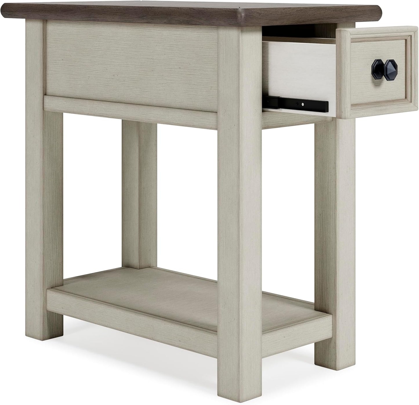Signature Design by Ashley Bolanburg Chairside End Table With Charging Station, Two-Tone Wood Accent Table With Drawer Storage, Plank Top Design for Living Room or Bedroom, Antique White