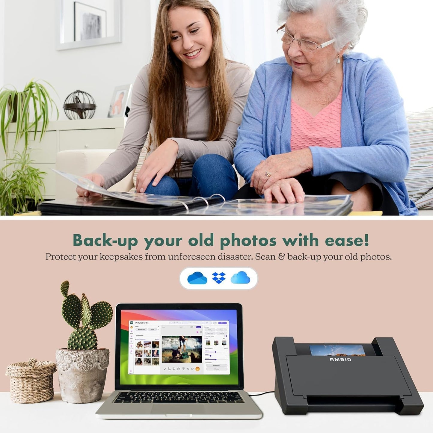 AMBIR Photo Scanner with Photo Cleaning Kit Bundle – Scan Photos in Seconds, Auto Crop & Deskew, 300/600 DPI High Resolution Scanning, Restore & Organize with Software, Mac & PC Compatible