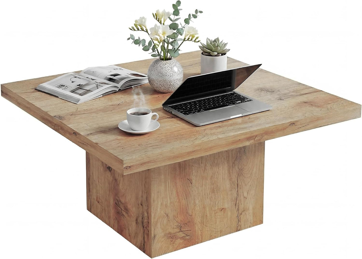 HOMCOM Square Coffee Table, Center Table with 1.6" Thick Tabletop for Living Room, Easy Assembly, 31.5"x31.5", Light Brown Wood Grain