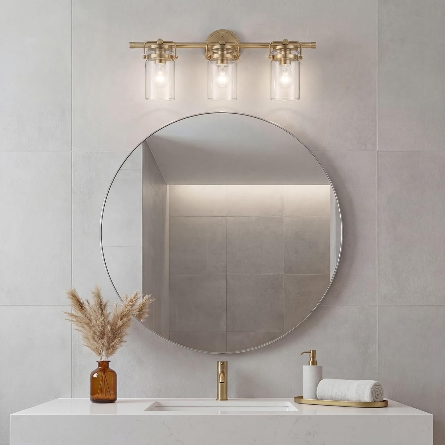 Kichler Brinley 24" 3-Light Bathroom Vanity Light Fixture with Clear Glass in Champagne Bronze, Modern Farmhouse Mason Jar Style for Mirror Lighting (24" W x 10.25" H), 45689CPZ