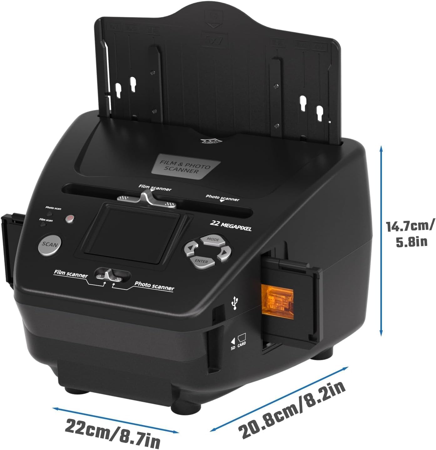 22MP Photo and Slide Scanner with 2.4” LCD Screen, All-in-One Digital Film Converter for 35mm/135 Negatives & Slides, 3R 4R 5R Print Photos and Business Cards, 4GB SD Card Included
