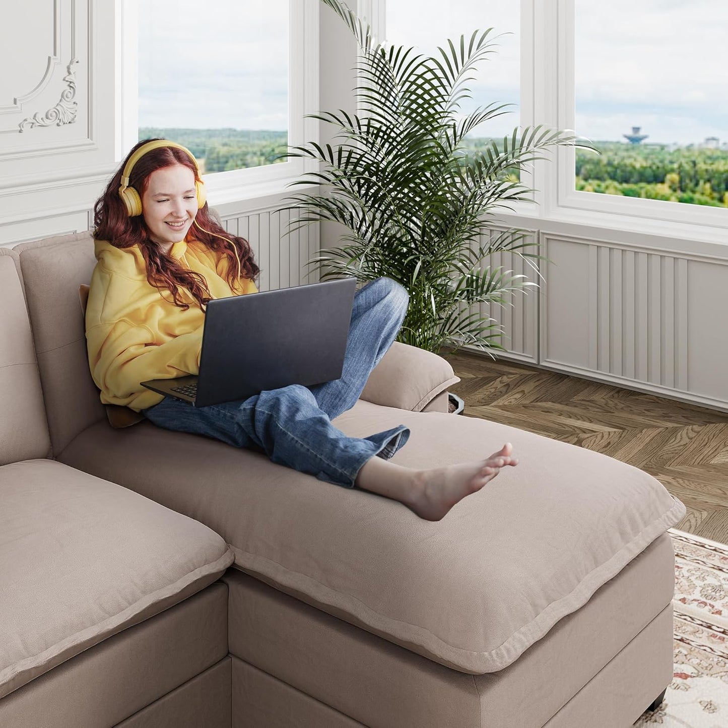 110" Sectional Couches for Living Room,4 Seat U Shape Modular Couch with Thick Cushion & Soft Backrest,Upholstered Sofa Couch with Double Chaise,Beige