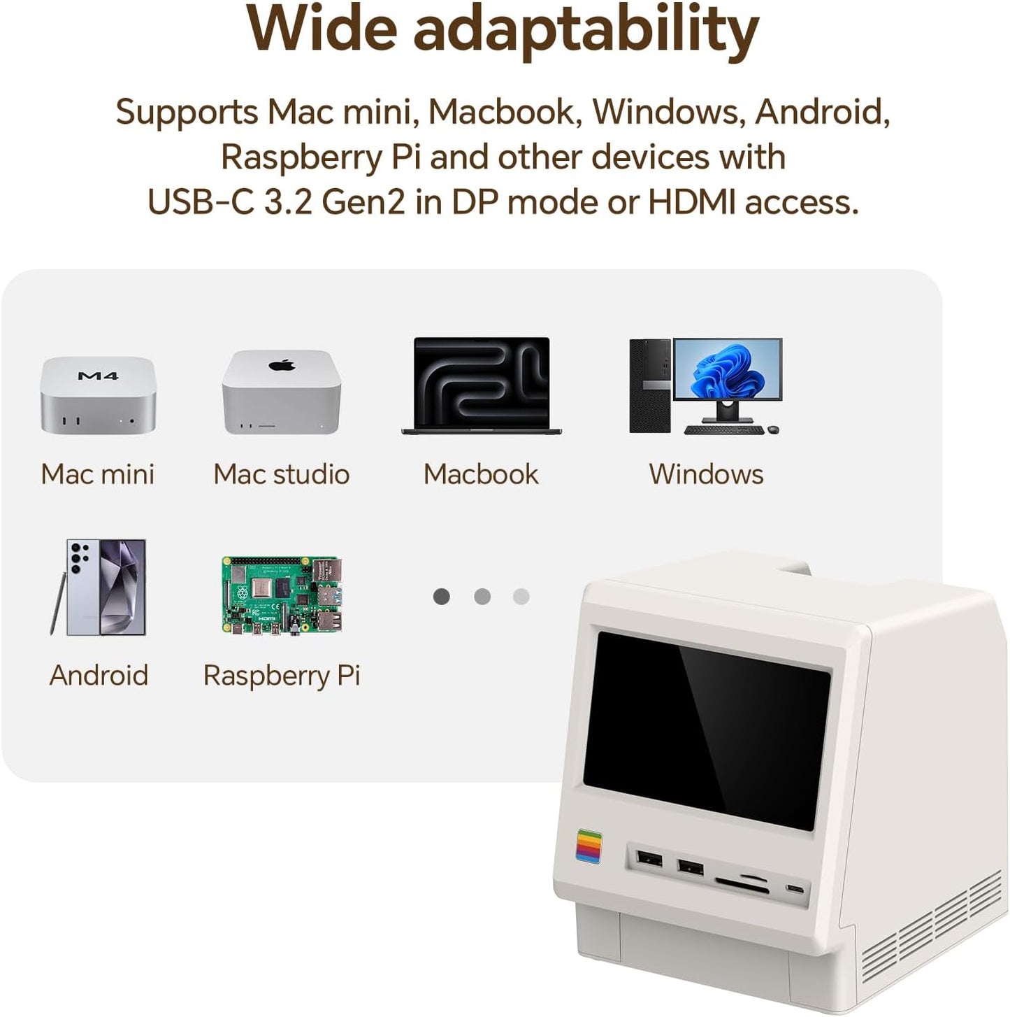 M5 Retro Dock Station for Mac mini M4, 5'inch HD Display, 10Gbps M.2 NVMe SSD Enclosure, SD/Micro SD Reader 4.0, 4*USB-A 1*USB-C 10Gbps, 3.5mm Earphone Jack,