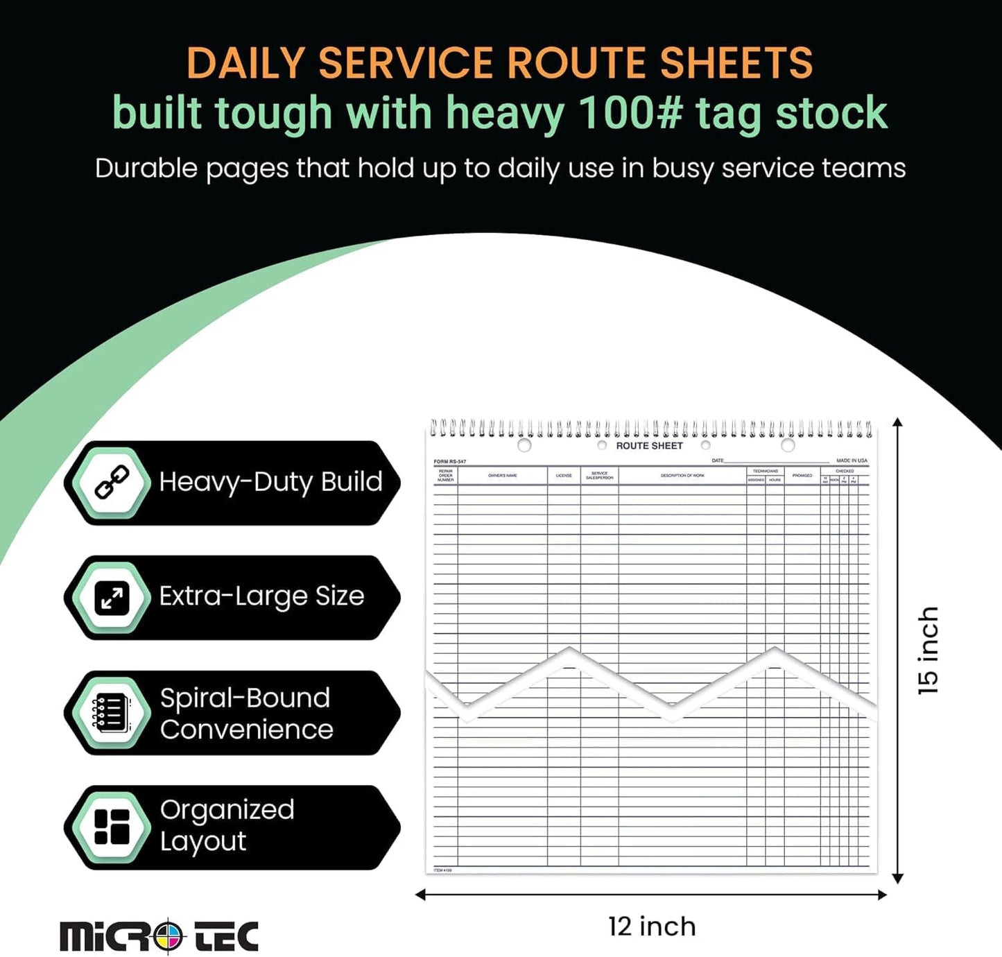 MICRO TEC Daily Service Route Sheets – 12" x 15" Daily Schedule & Appointment Sheets – Spiral Bound Route Planner on 100# Tag Stock Paper – Blue Ink Print – 100 Pages/Book (Book of 5)
