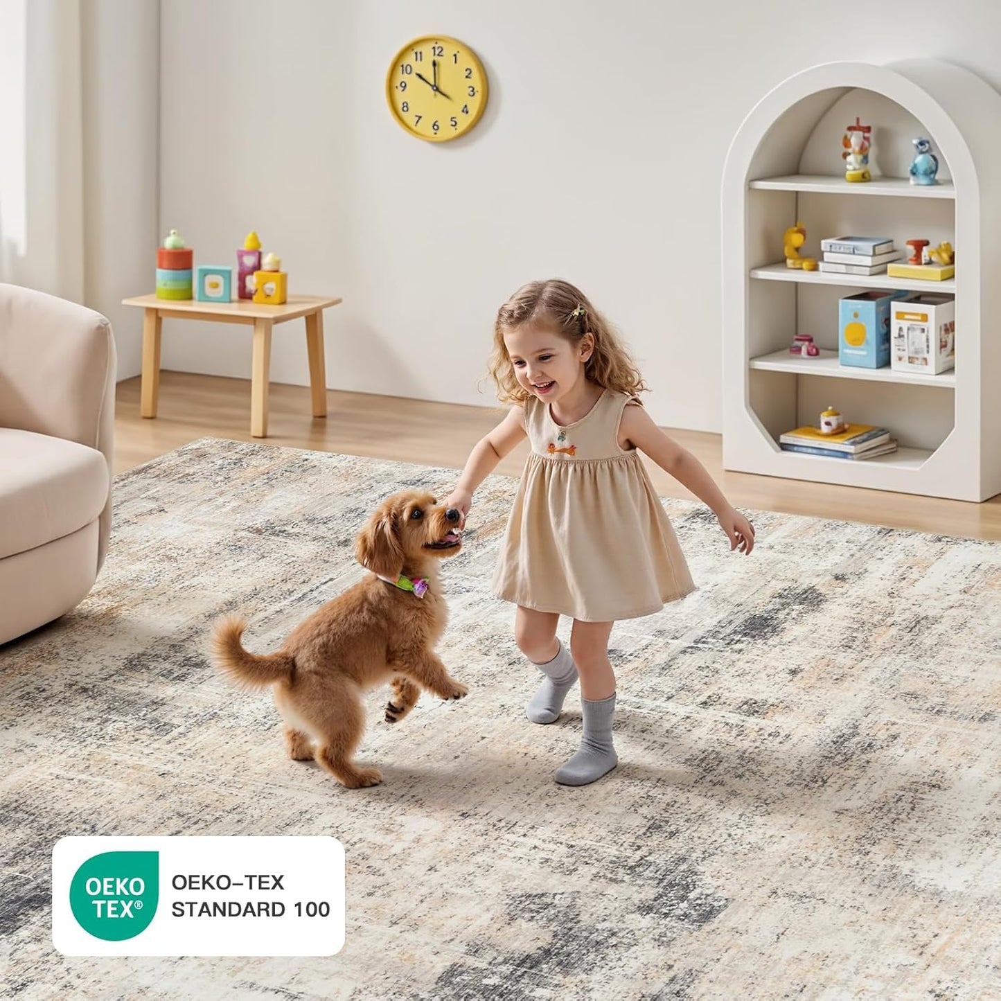Lofus 9x12 Area Rug for Living Room,Gold Abstract Large Rugs with Non-Slip Backing, Neutral Modern Washable Carpet for Bedroom Dining Room Home Office Nursery Indoor