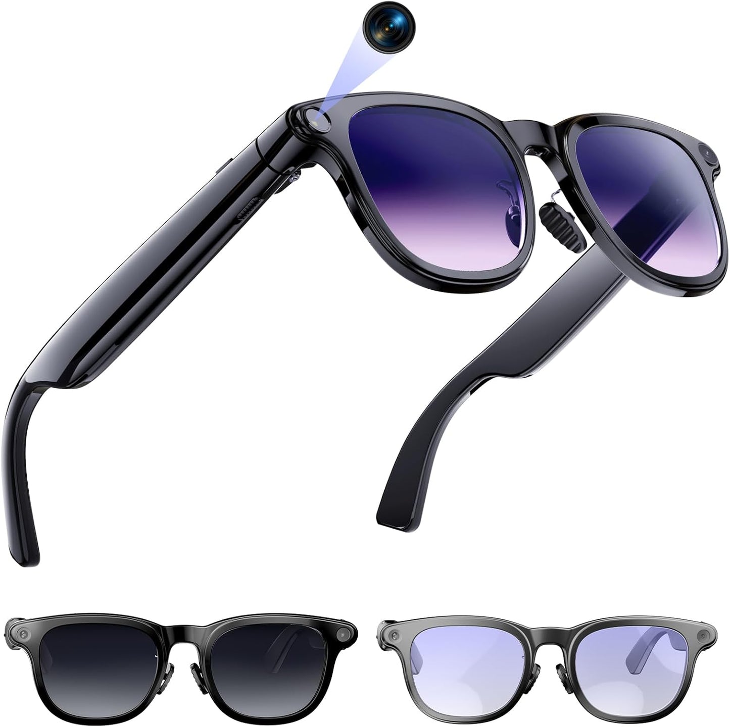 AI Smart Glasses with Camera, 8MP Camera Glasses for Life Vlog Travel Work, 4K Video Recording Sunglasses for Women Men, Real-Time Translation, Voice Assistant, Hands-Free Calls,Open-Ear Audio, 3 Lens