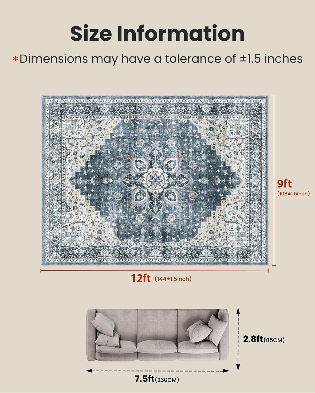 AMADA HOMEFURNISHING 9x12 Washable Area Rug, Low-Profile Large Area Rug with Non-Slip Backing & Durable Edge Binding, Vintage Large Rugs for Living Room, Bedroom & Dinning Room