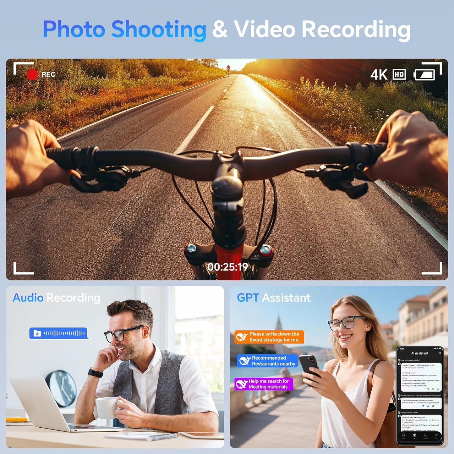 AI Smart Glasses with Camera Bluetooth, 800W HD Anti-Shake 1080P Video Audio Recording Glasses, Real-Time AI Translation GPT Assistant, Blue Light, Smart Glasses for Men Women Vlogging & Conference