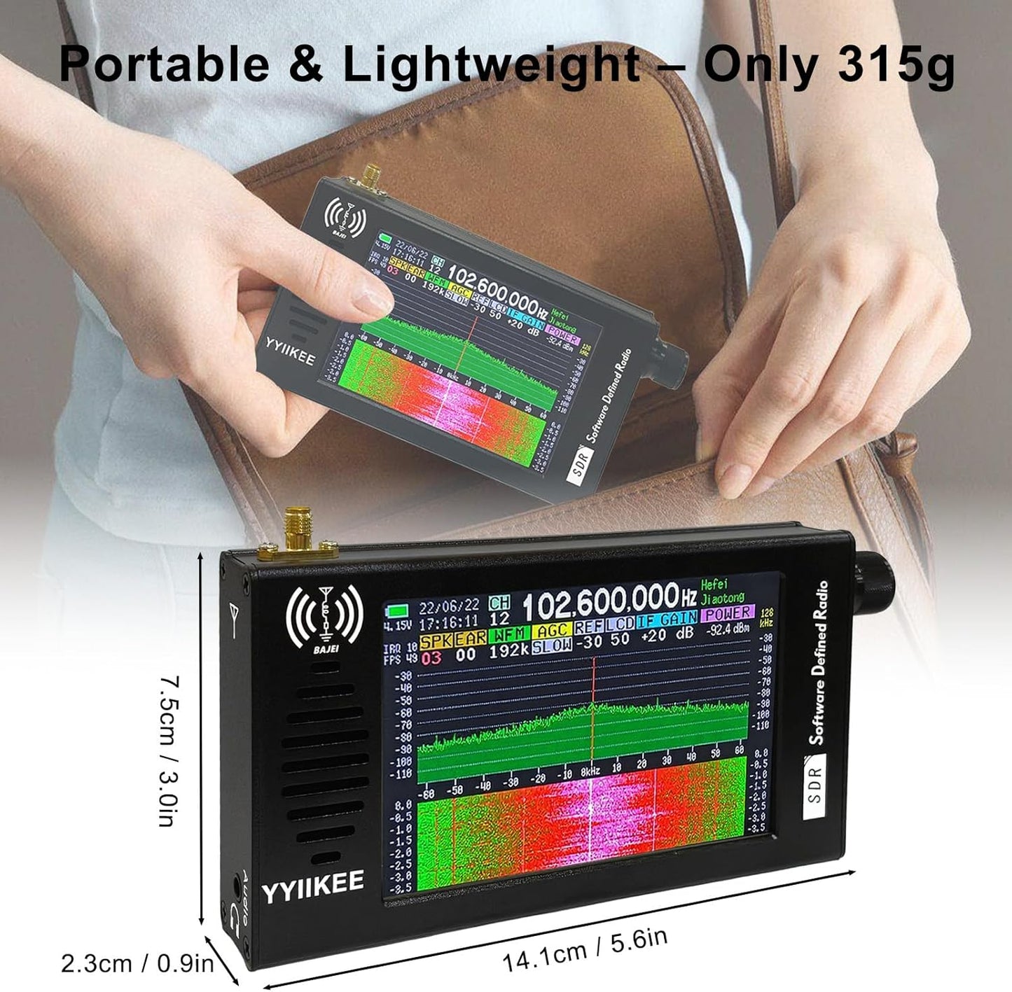 Portable SDR DSP Radio Receiver – 4.3” Touchscreen, 100KHz-149MHz, Full Band Shortwave, FM MW SSB CW HAM, 192kHz Spectrum, Waterfall Display, CNC Aluminum Alloy Case, Rechargeable Battery
