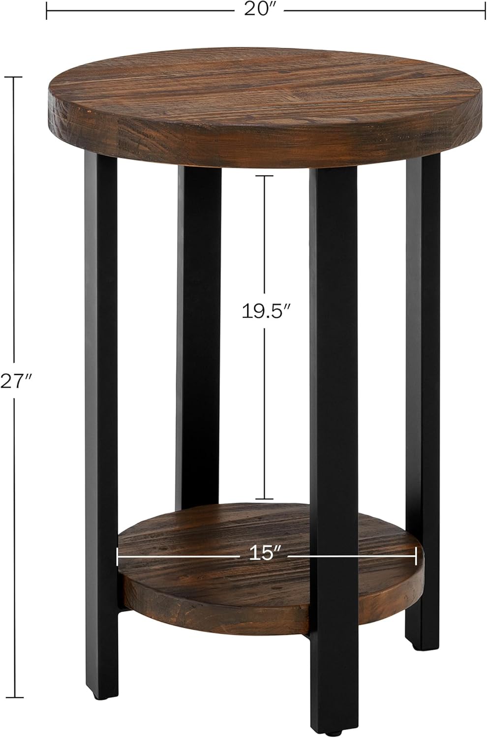 Alaterre Furniture Pomona Living Room Set of 2 Solid Wood Small Round End Tables with Shelf and Metal Legs – 2-Tier Modern Rustic Side Table or Nightstand (Rustic Brown)