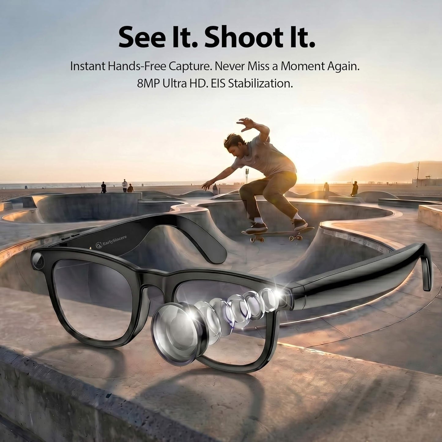 EarlySincere Photochromic Smart Glasses with 8MP 4K Camera & Bluetooth, HD Video, AI Vision Assistant, Translation & Voice Transcriber, Open-Ear Audio, Extra Blue Light Lenses for Work & Travel