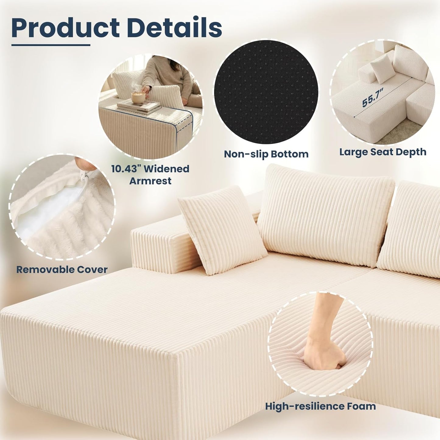 DUMOS 108" Boneless Couch, Cloud Sectional Couch with L-Shape Chaise, Modular Sectional Sofa with Deep Seat, Upholstered Couch for Living Room Bedroom, No Assembly Required, Beige, Left Facing Chaise