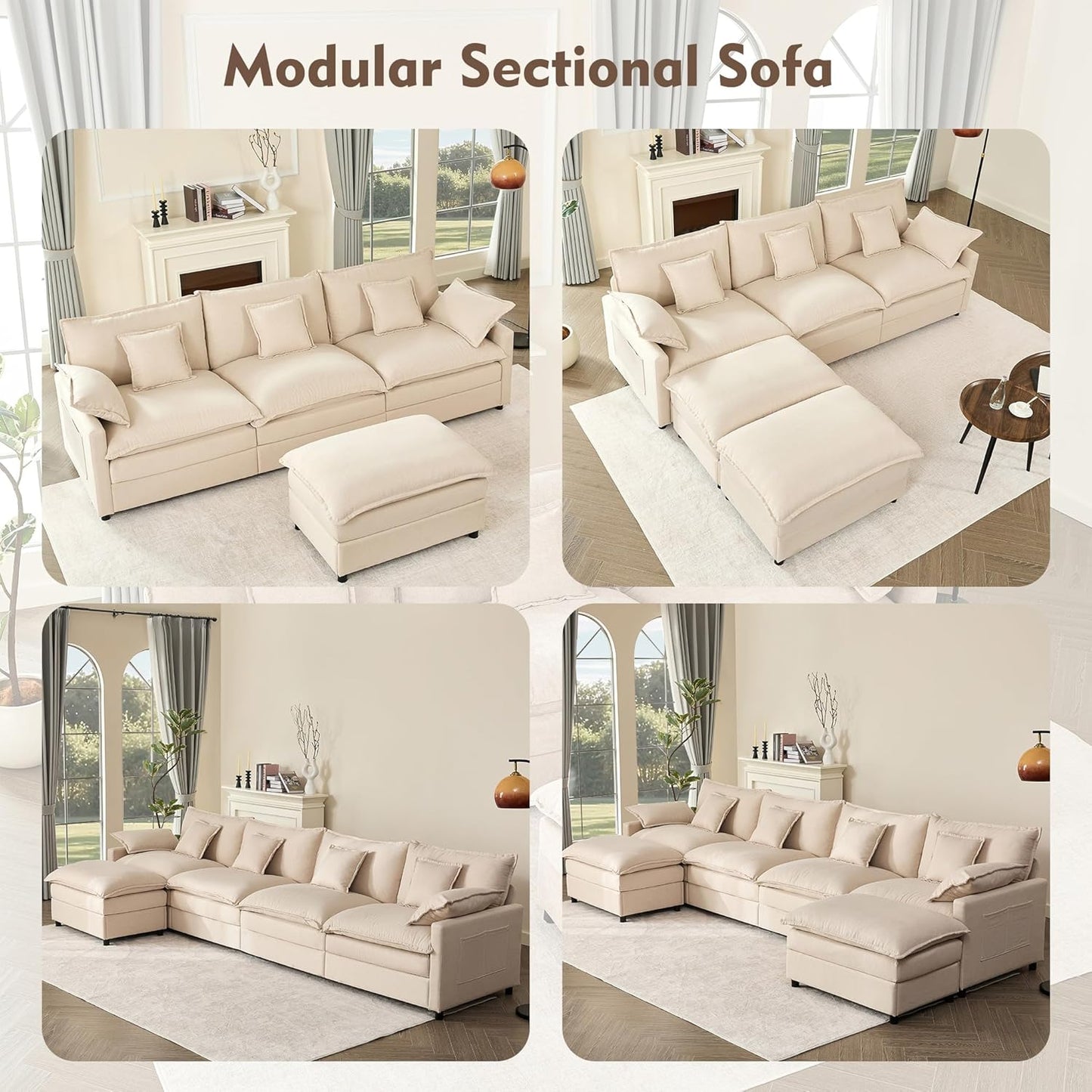 GOSUHI 108" U Shaped Couch, Modular Sectional Sofa, 3-Seater Comfy Cloud Couch, Set of Modular Pieces with Movable Ottoman, Deep Seat Couches for Living Room, Linen, Beige