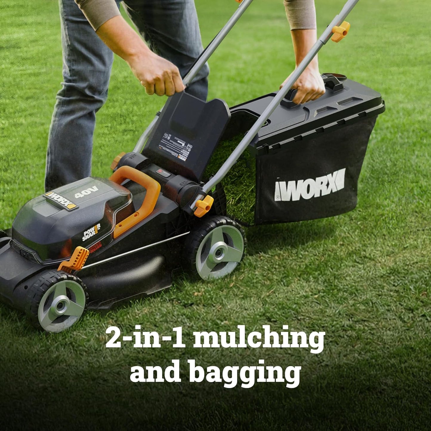 WORX Cordless Lawn Mower, 14" 40V Electric Mower with Brushless Motor, Lightweight 2 in 1 Push Lawn Mower with 6-Position Height Adjustment for Small Yards, 2 Batteries & Charger Included, WG735