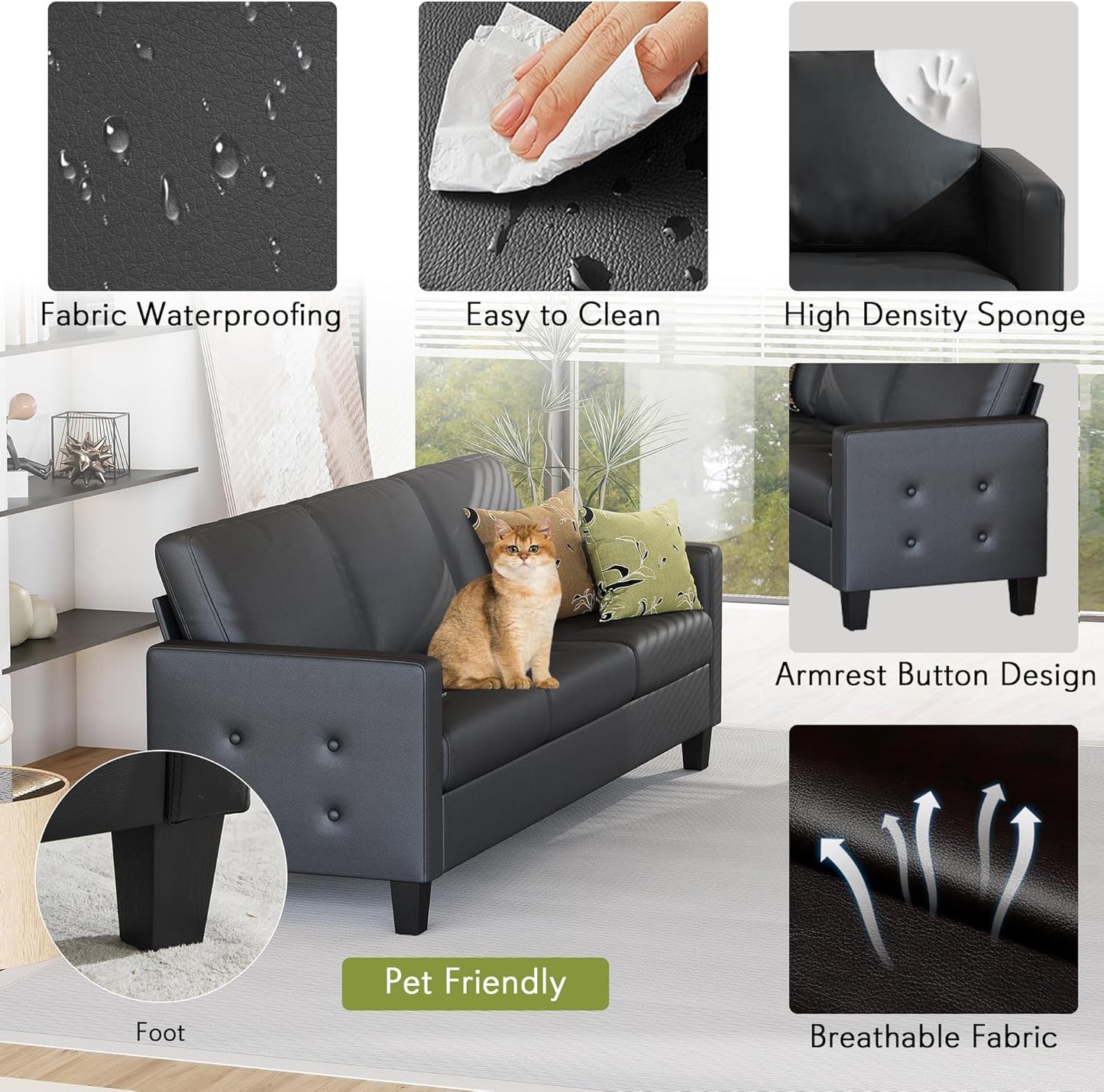 STHOUYN Black Faux Leather 3 Seater Sofa, Loveseat and Accent Chair, Modern Comfy Office Furniture Set, Small Love Seat Couch with Tufted Armrest and USB, 3 Pieces Living Room Furniture Sets (3+2+1)