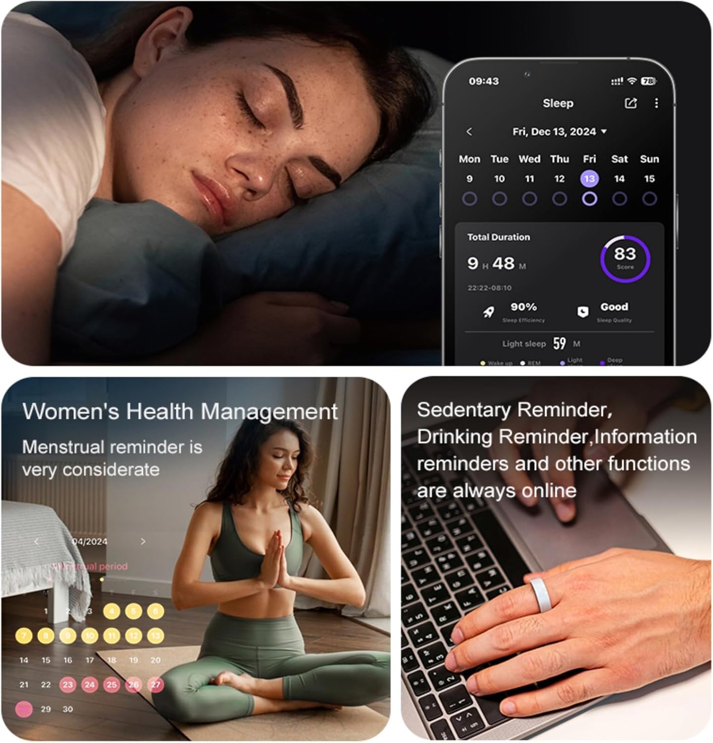 Smart Rings for Couples, Health Rings for Men & Women, 24/7 Track Heart Rate, Sleep, SpO2, Stress, HRV & Cycles, 5ATM Waterproof, iOS/Android, No Subscription, Pink, Size 6 (16.6mm)