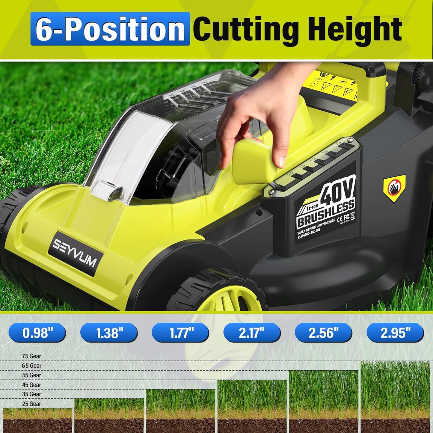 SEYVUM 40V 16-inch Cordless Lawn Mower with 45L Grass Collection Bag, 6 Position Height Adjustment Electric Lawn Mower, 2 x 20V 4.0Ah Battery Powered Push Lawnmower, 2.4A Fast Charger, Lemon Green