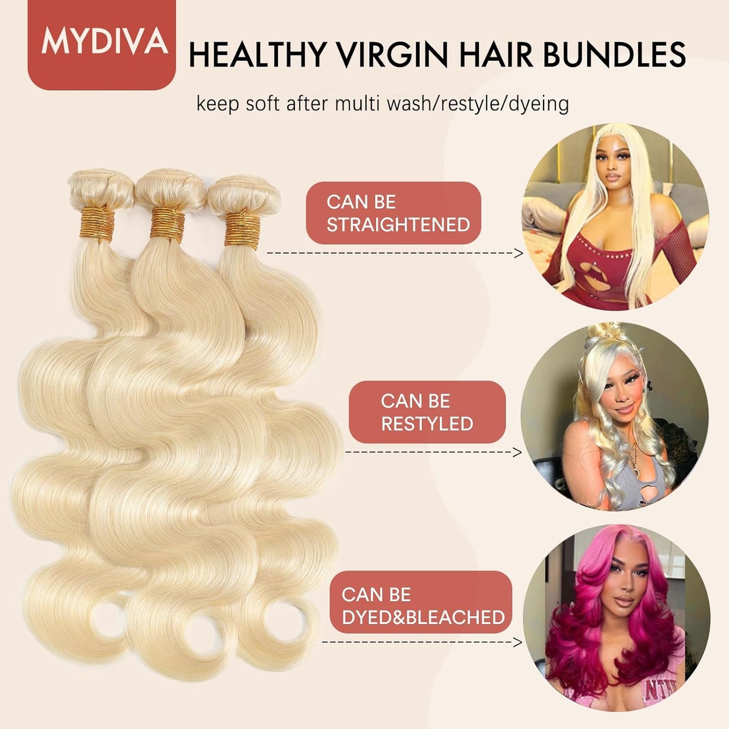613 Bundles Human Hair Blonde Body Wave Bundles 16 18 20 inch 100% Unprocessed Virgin Sew in Weft Hair Extensions Real Human Hair Quick Weave Bundles Dyeable 613 Bundles
