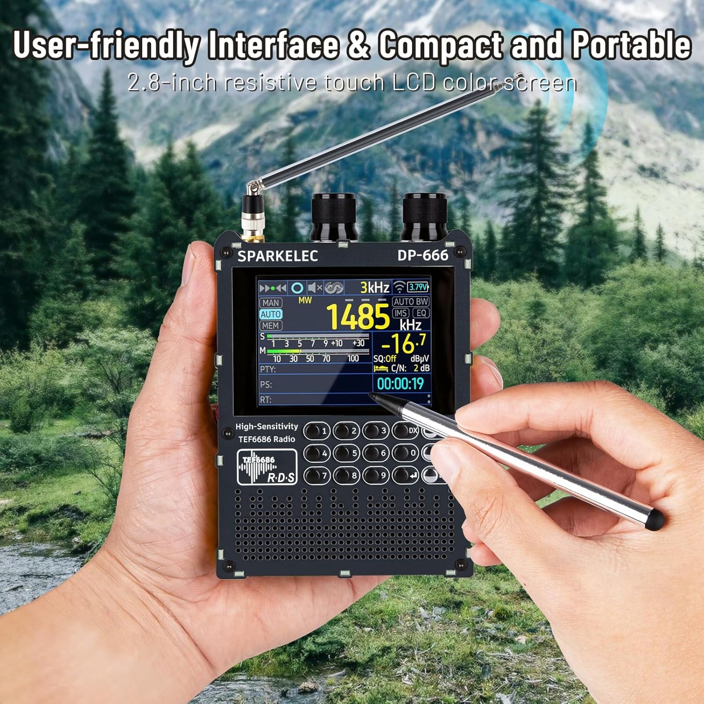 DP-666 TEF6686 Full Band Radio,AM LW/MW/SW/OIRT/FM High Sensitivity Shortwave Radios Receiver with RDS Data Shows,2.8-inch LCD Color Touch Screen,5000mAH Battery,Telescopic Antenna,Donut Antenna
