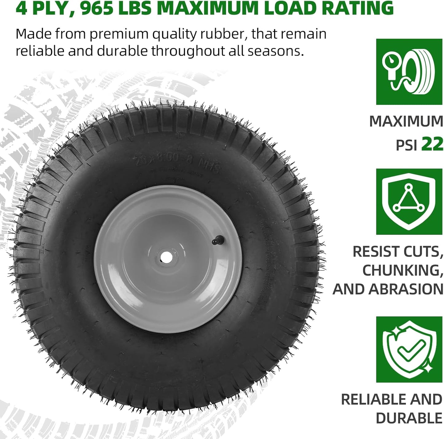 AR-PRO 20x8.00-8 Rear Tire and Wheel Assemblies for Riding Lawn Mowers - 3/4" Borehole, 3.5" Offset Hub and 3/16" Keyway, 4 Ply Tubeless, 965lbs Capacity (Set of 2)