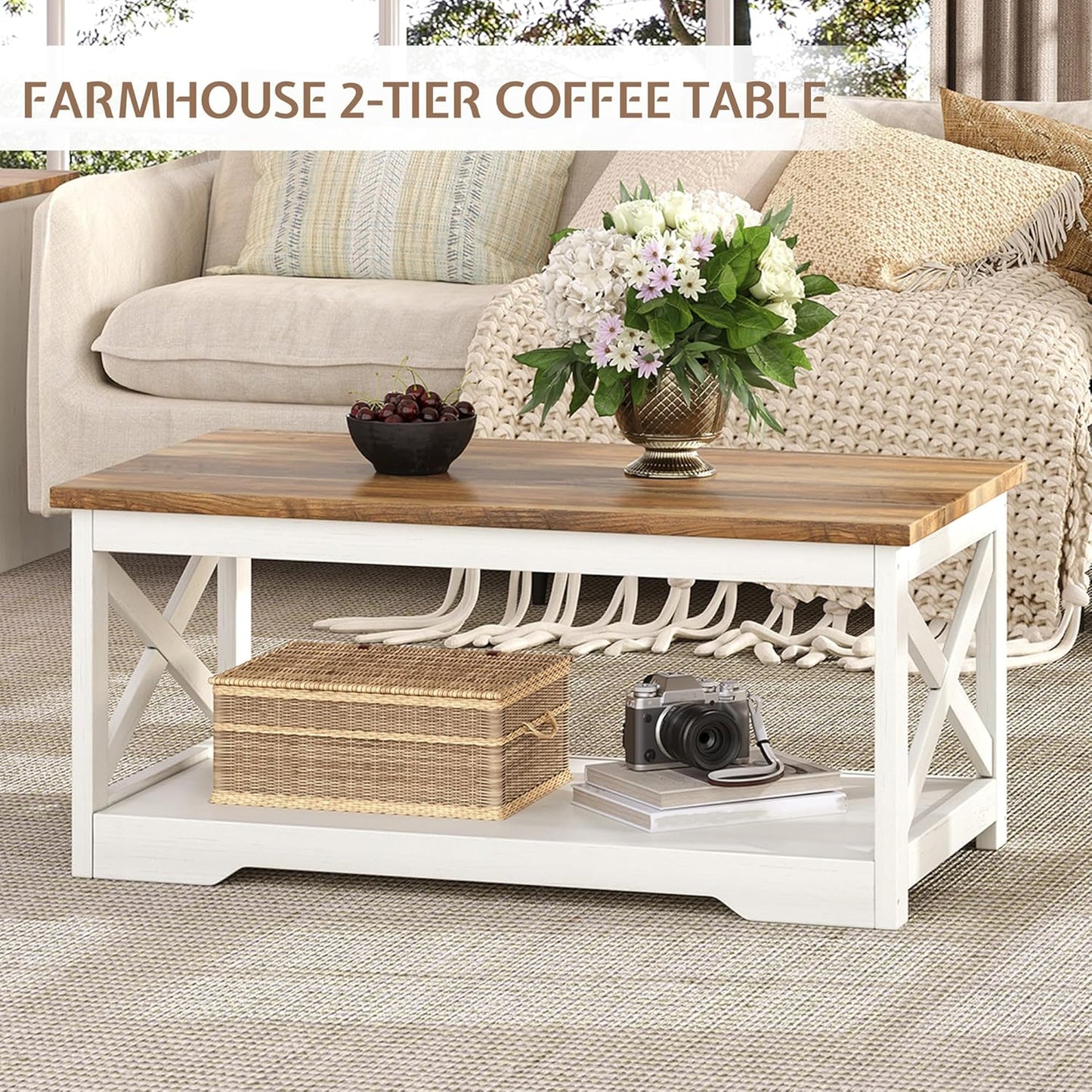 LUXOAK 3-Piece Farmhouse Living Room Table Sets, Includes 1 x Coffee Table, 2 x End Tables with Charging Station & USB Ports, Rustic Coffee Table Set of 3, Distressed White
