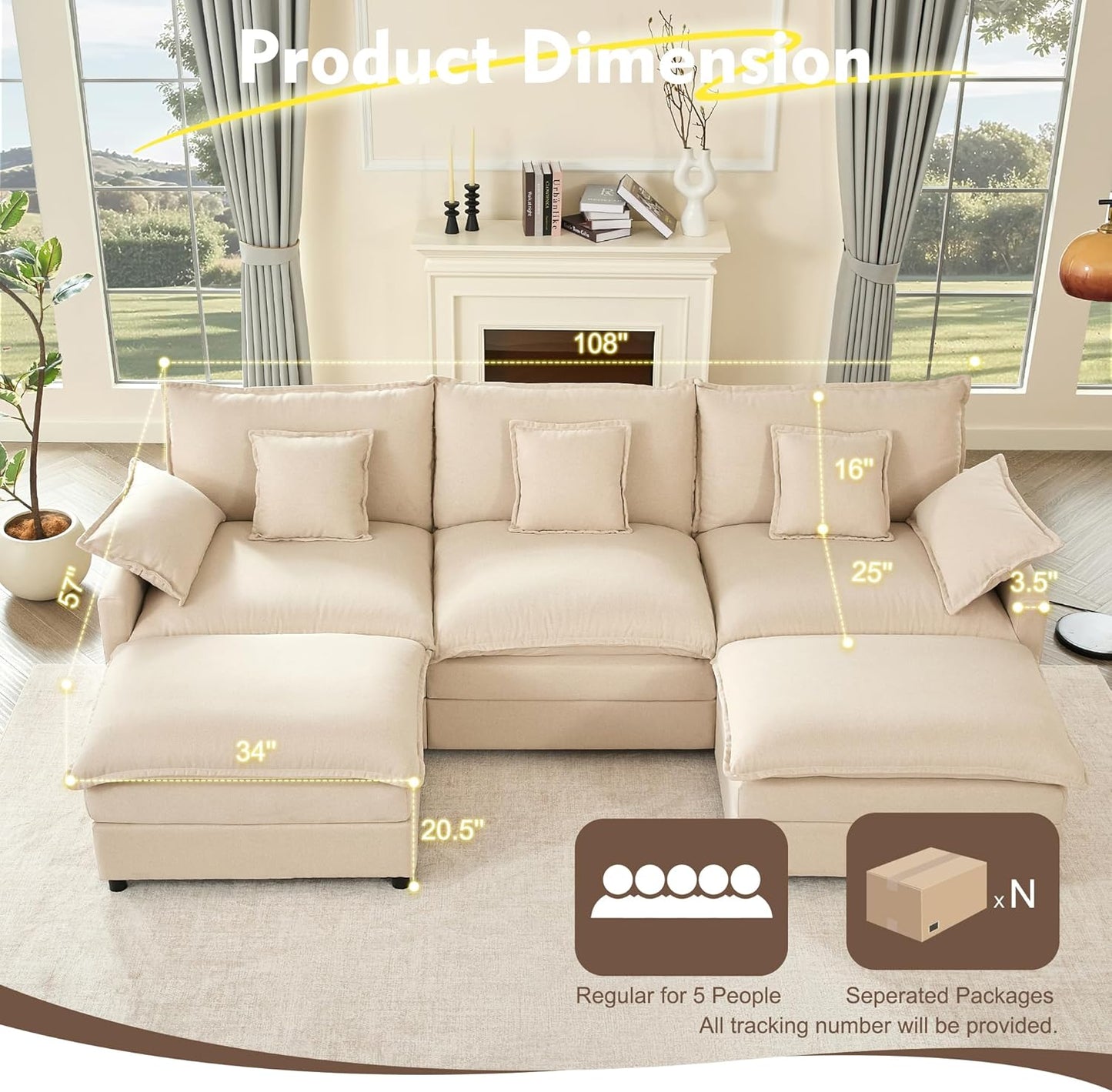 GOSUHI 108" U Shaped Couch, Modular Sectional Sofa, 3-Seater Comfy Cloud Couch, Set of Modular Pieces with Movable Ottoman, Deep Seat Couches for Living Room, Linen, Beige