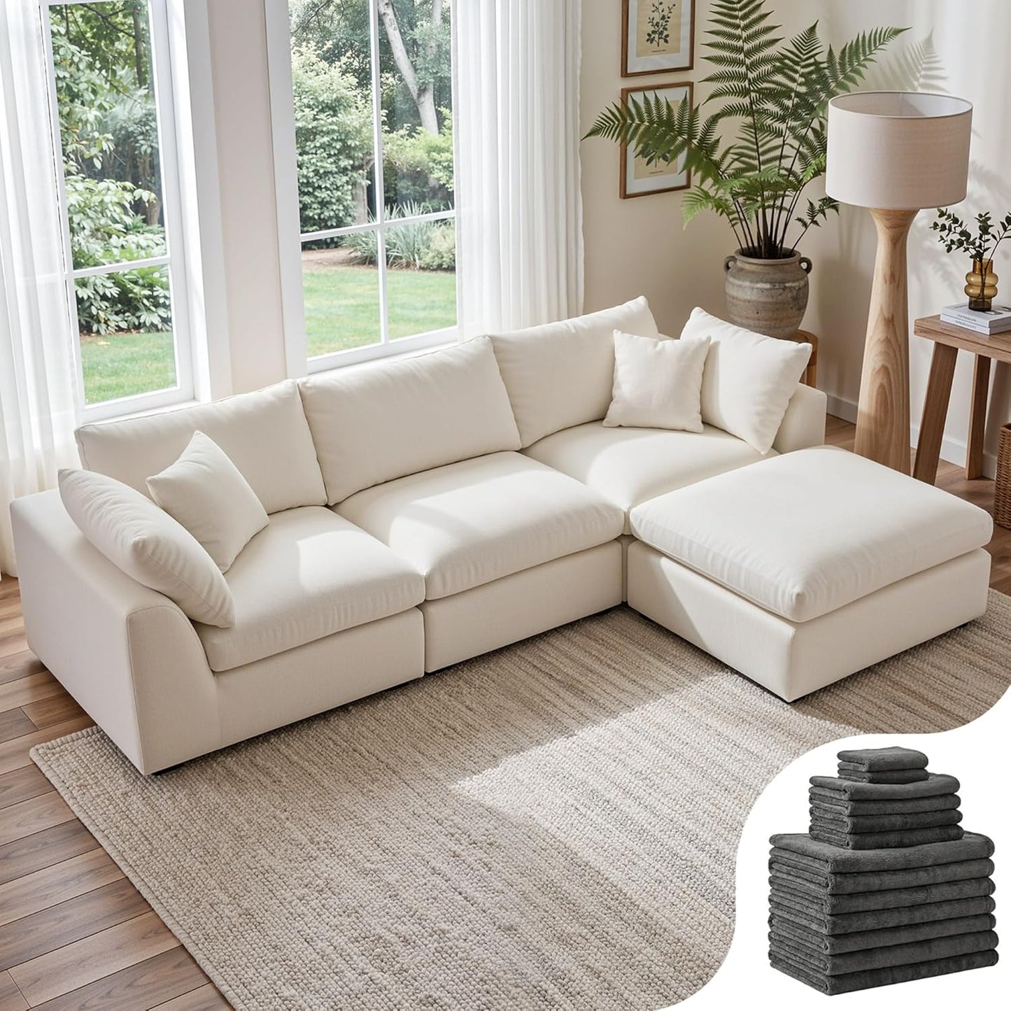 Amsleekey 108" Cloud Sectional Couches, with 1 Extra Washable Cover, L Shaped 25.6" Deep Seat Couch with Ottoman, Oversized Comfy Living Room Sofa, DIY Color Refresh (White Sofa + Gray Cover Set)