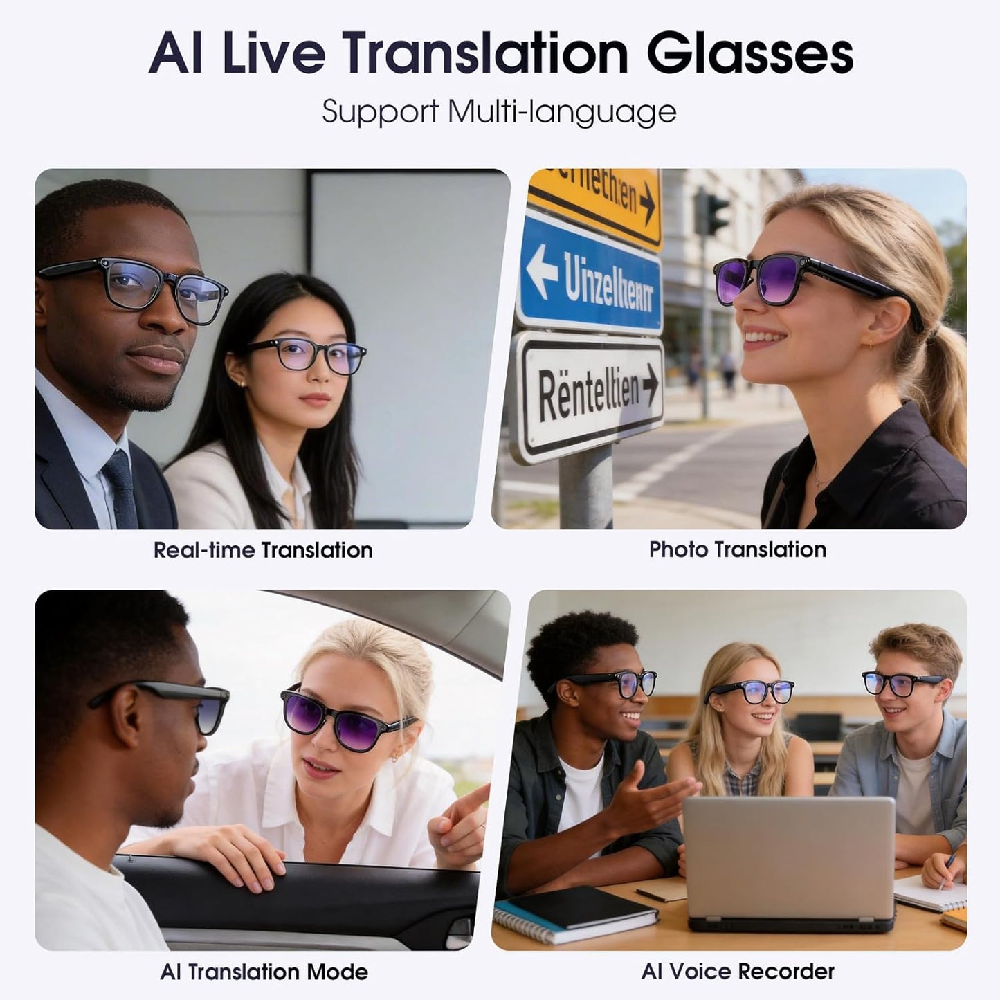 AI Smart Glasses with Camera, 8MP Camera Glasses for Life Vlog Travel Work, 4K Video Recording Sunglasses for Women Men, Real-Time Translation, Voice Assistant, Hands-Free Calls,Open-Ear Audio, 3 Lens
