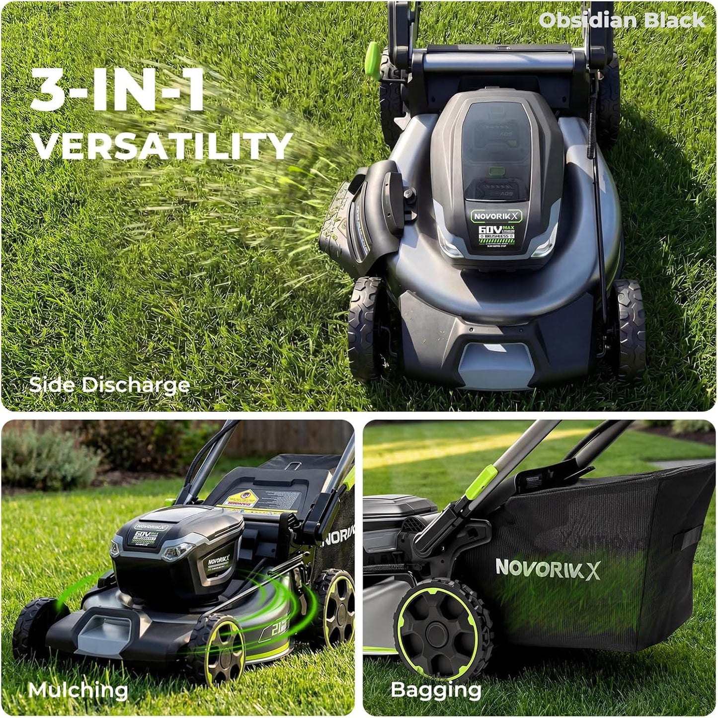 NovorikX 60V 5Ah Self-Propelled Electric Cordless Lawn Mower with 5.0Ah Battery 21-Inch, Brushless Mower for Large Yards, LED Headlight, Rapid Charger 3-in-1 Versatility Obsidian Series