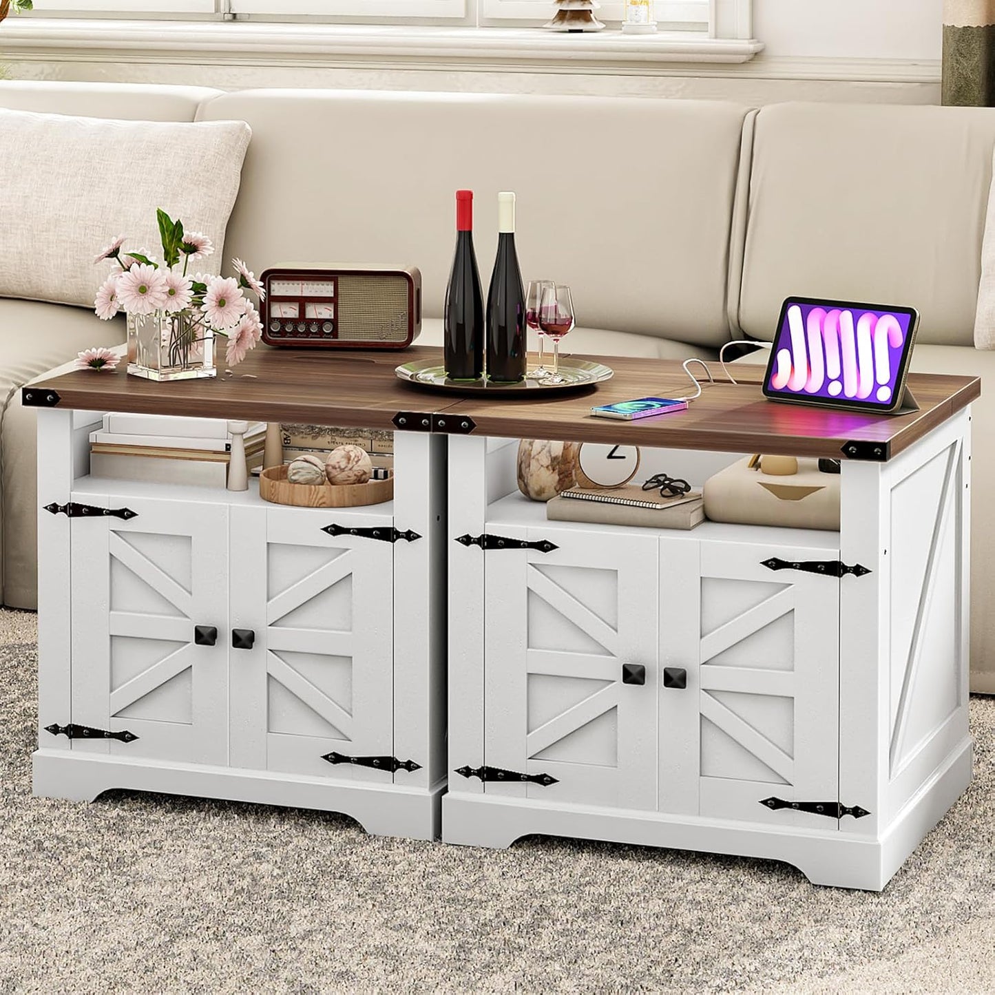HOOBRO Farmhouse End Tables Set of 2 with Charging Station, 23.6" Large End Table for Living Room, Sofa Side Table with Barn Door, Wooden Square Nightstand Bedside Table, White and Walnut WH601UBZP201