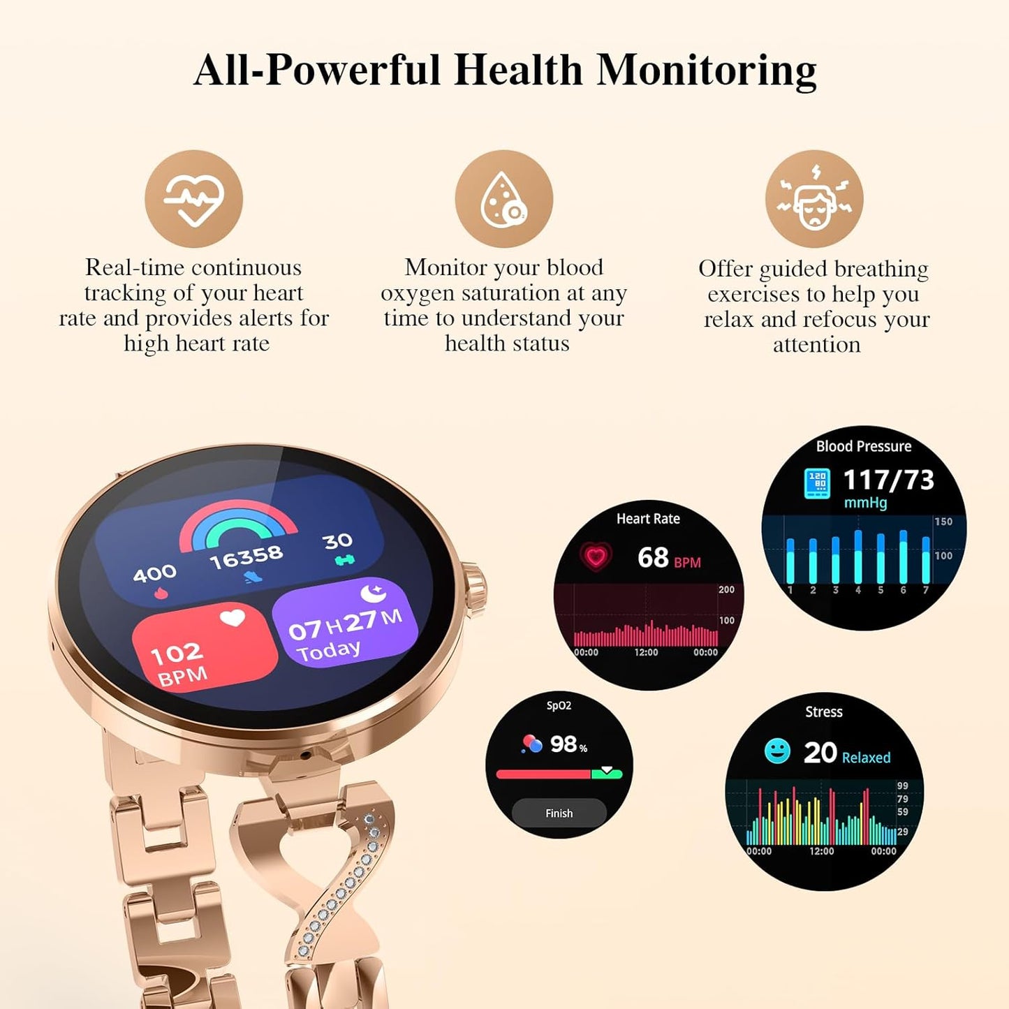 Smart Watches for Women, Answer/Make Call, 1.04'' AMOLED, 24H Sleep Tracker, Fitness Tracker with Heart Rate/Blood Pressure/SpO2/Stress Monitor, 100+ Sport Modes Waterproof Smartwatch for IOS Android