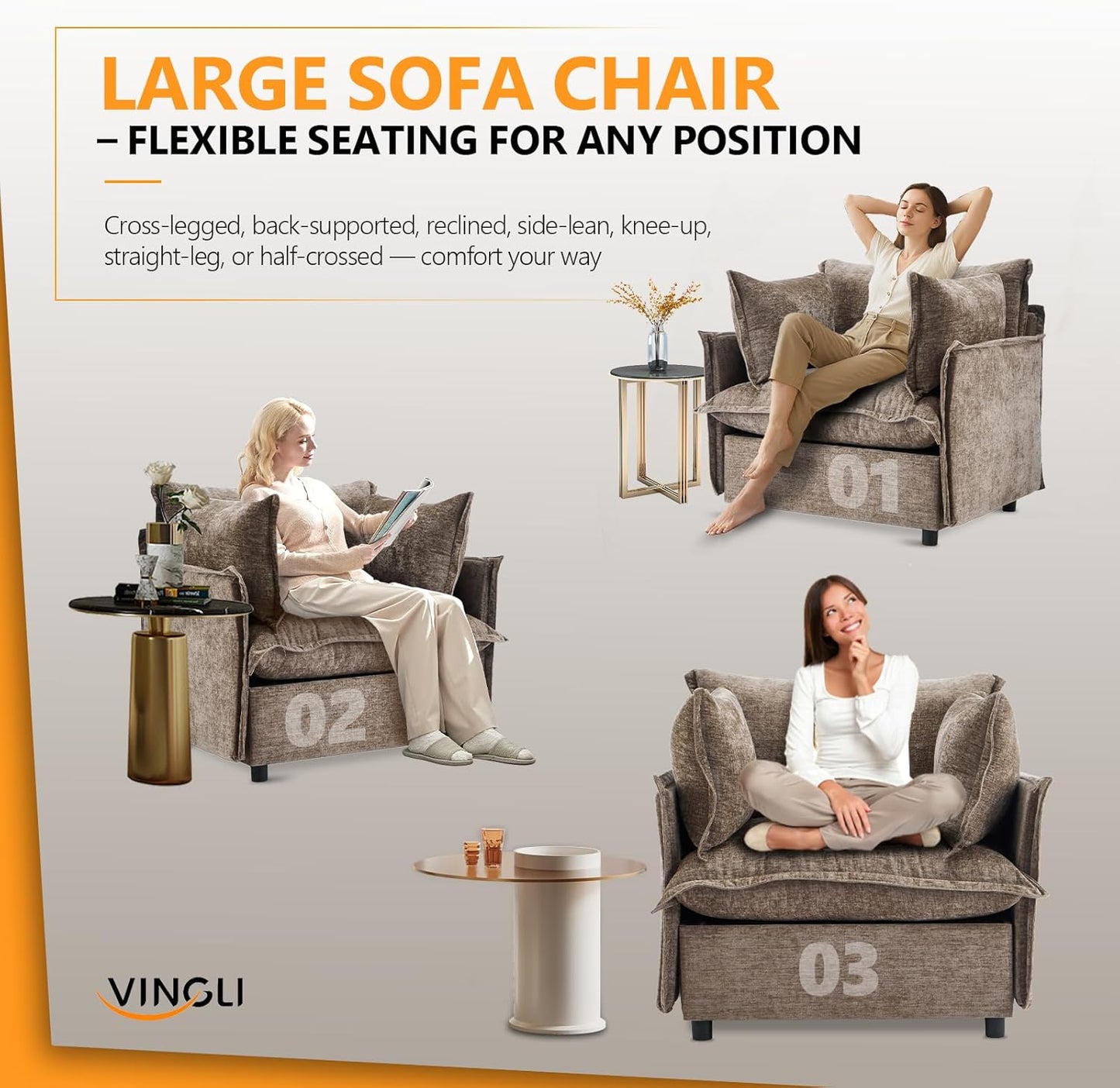 VINGLI 34" Oversized Accent Chairs Set of 2, Light Brown Reading Chair Upholstered Armchair Soft Chenille Fabric Living Room Chairs Sofa for Adults Bedroom, Home Office, Play Room