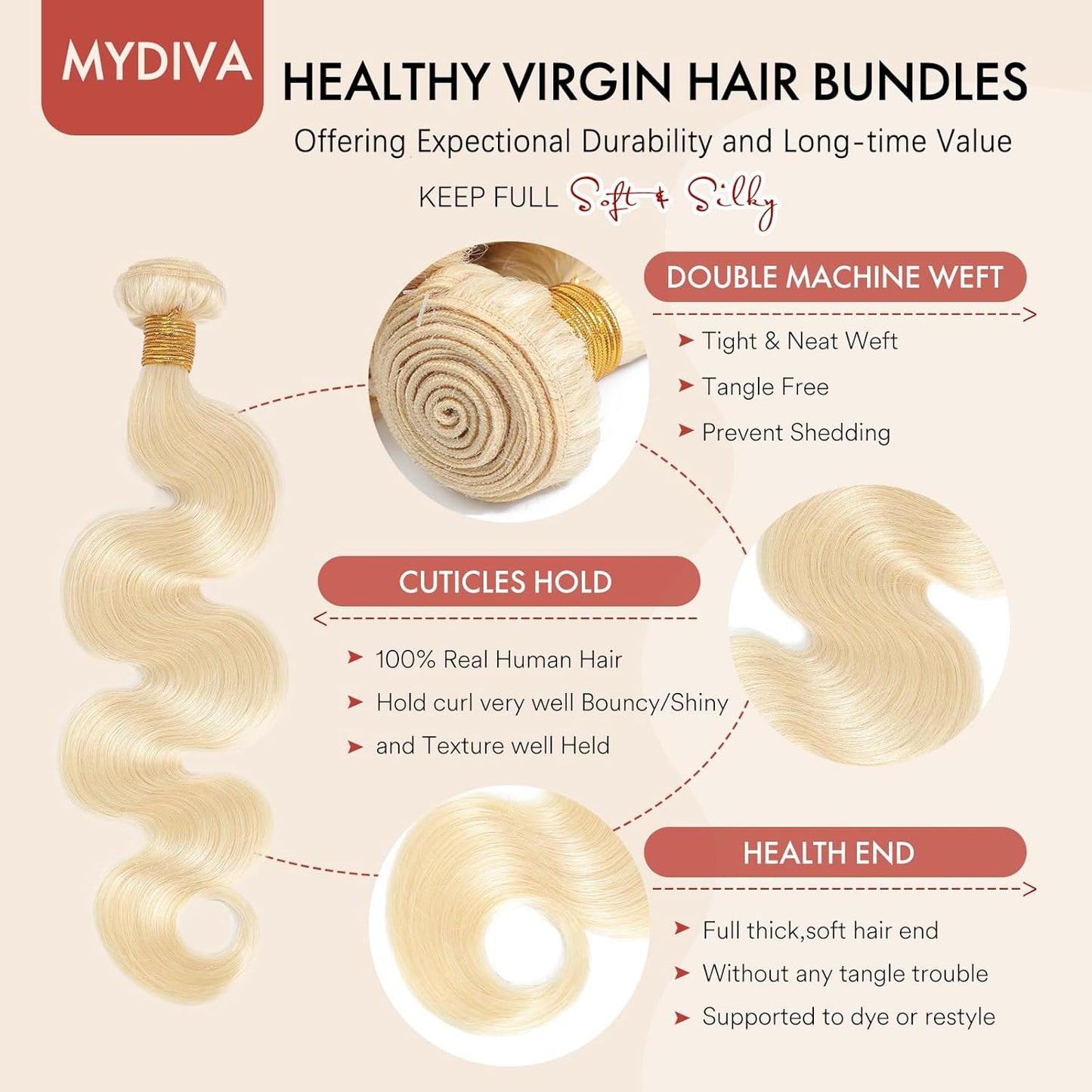 613 Bundles Human Hair Blonde Body Wave Bundles 16 18 20 inch 100% Unprocessed Virgin Sew in Weft Hair Extensions Real Human Hair Quick Weave Bundles Dyeable 613 Bundles