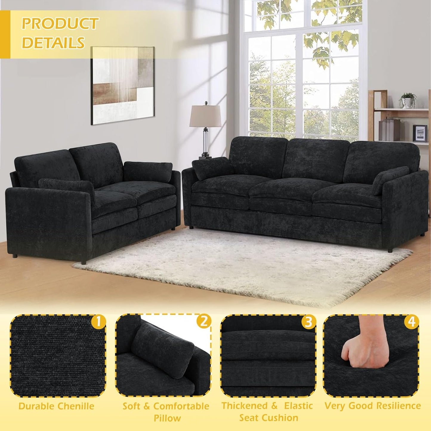 2 Pieces Chenille Sofa Set w/Two Throw Pillows, Upholstered Loveseat & 3 Seater Sofa w/Comfortable Back Cushions, Modern 2-Seat & 3-Seat w/High-Density Foam for Living Room, Apartment, Black