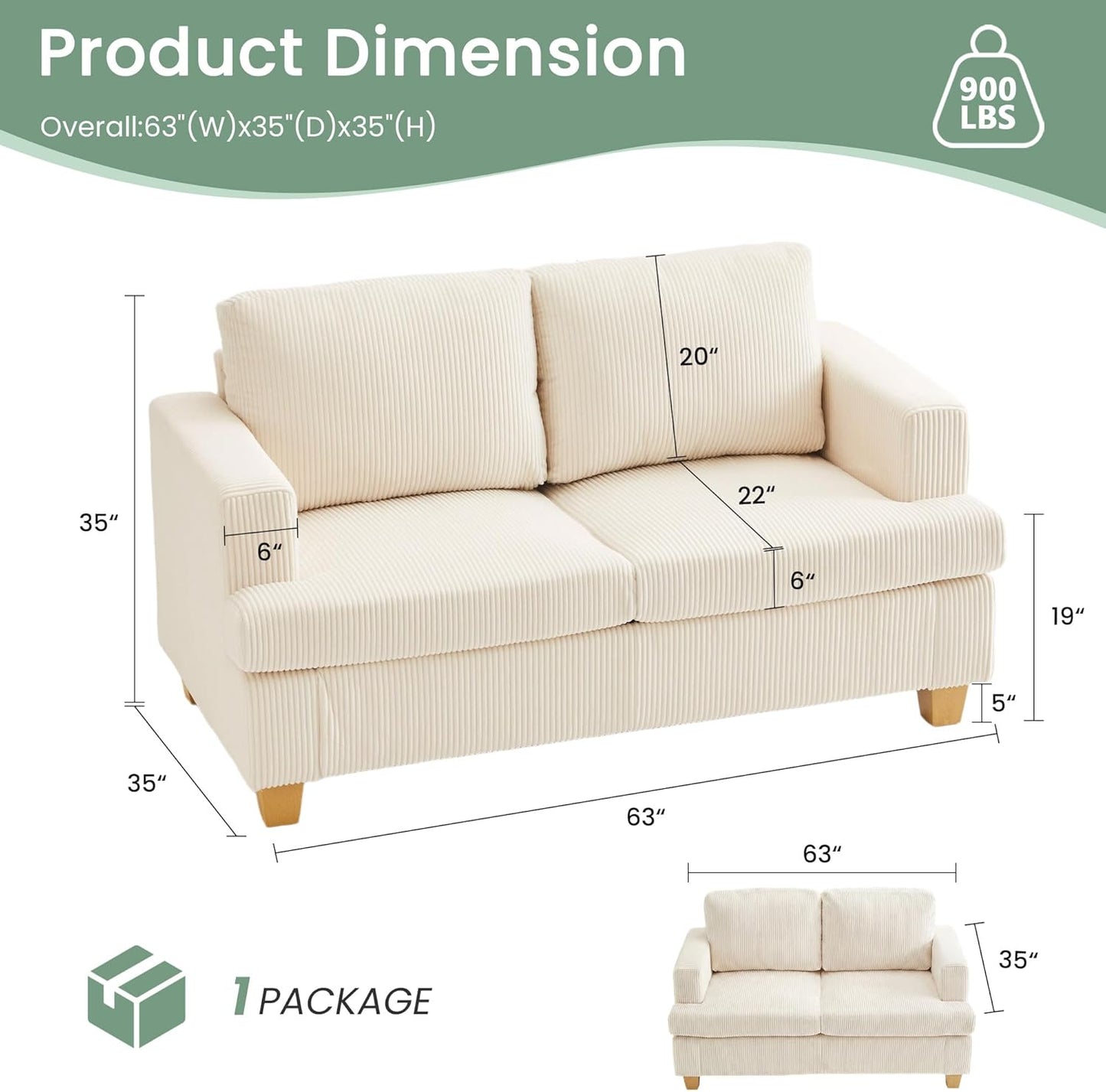 YOUDENOVA 63" Corduroy Sofa Couch Loveseat for Living Room, Small Seep Seat Loveseat Sofa for Bedroom, Comfy Chenille Couch for Small Spaces, White Corduroy