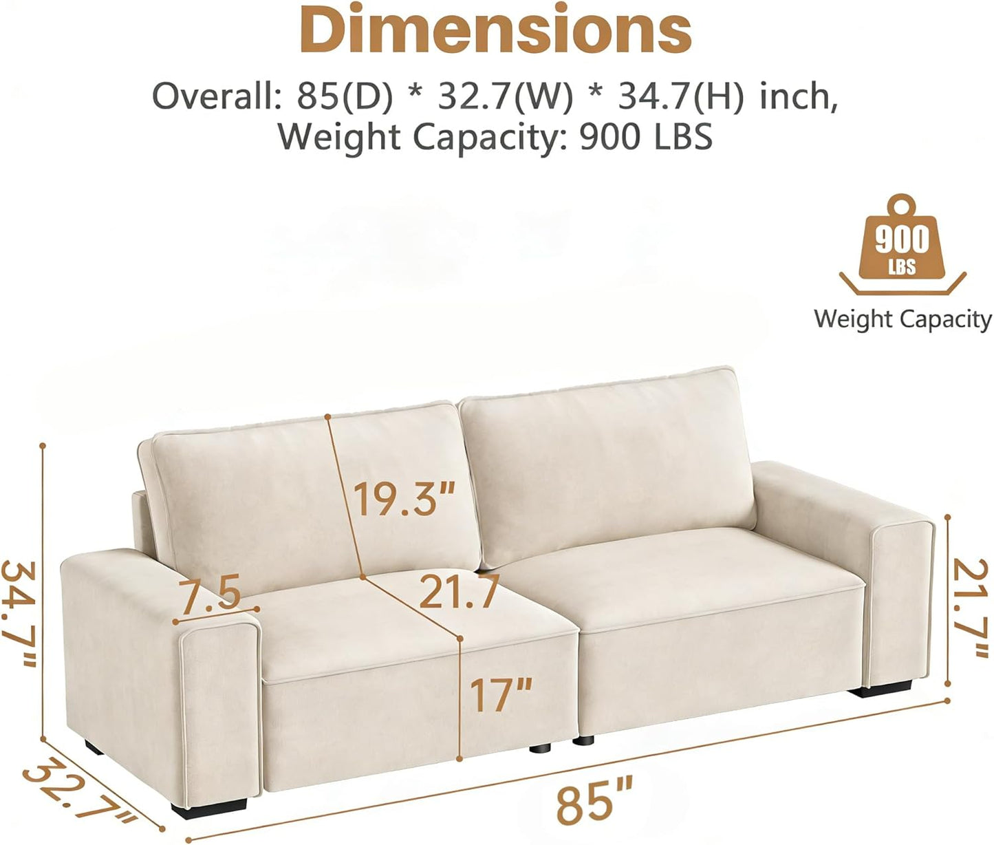 Vesgantti 85'' Chenille Couch for Living Room, 3 Seater Comfy Sofa with Wide Armrest, Thick Spring Cushions, Modern Cloud Couch for Apartment, Office, Bedroom, Small Space, Chenille Beige