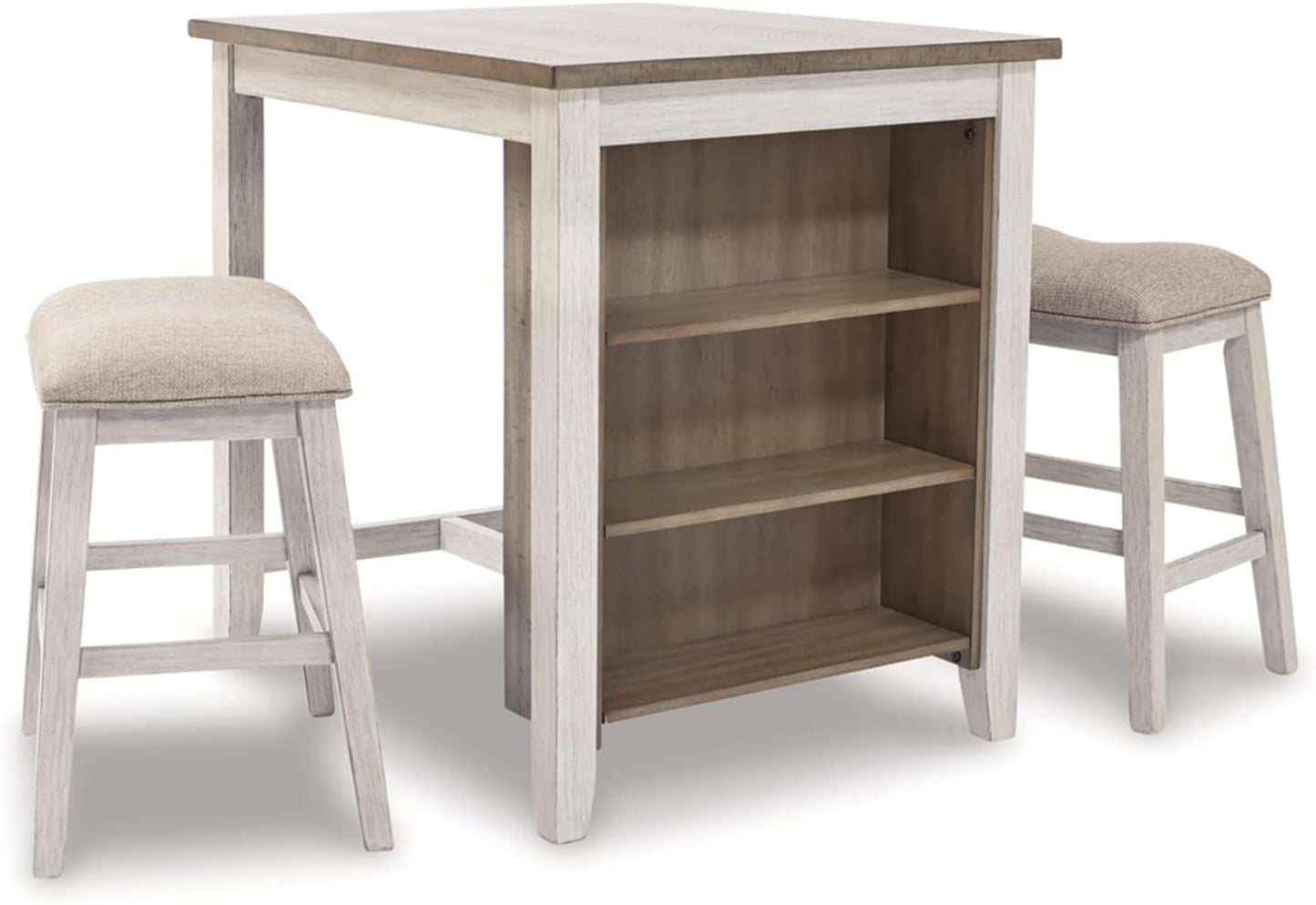 Signature Design by Ashley Skempton 3 Piece Counter Height Dining Set, Includes Table and 2 Barstools, Cushioned Seats, Wood, Whitewash