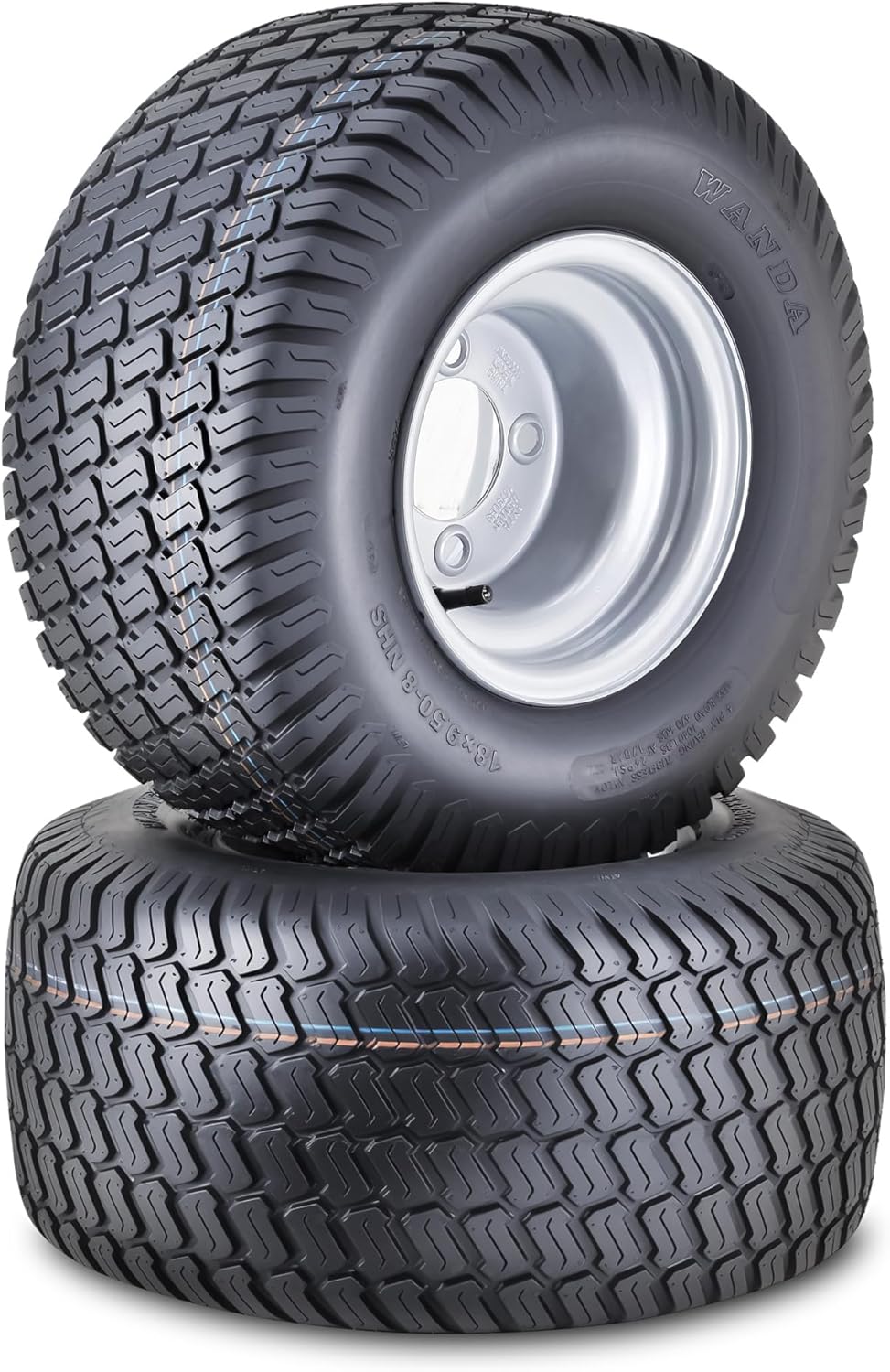 WANDA Lawn Mower Tractor Tire Wheel Assembly 18X9.5-8 4-Ply with 4 Lugs on 4" PCD Silver Wheel-13032,SET 2