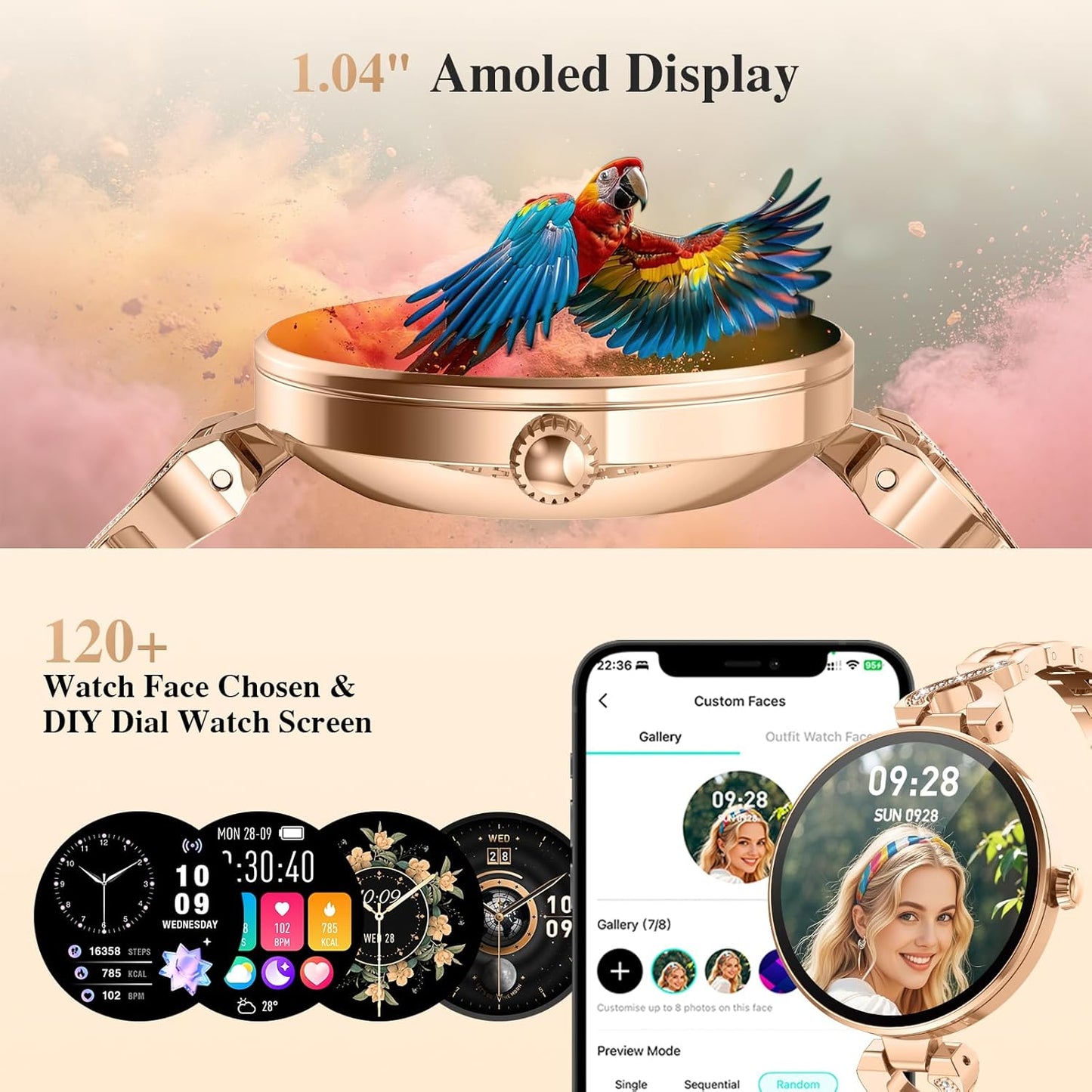 Smart Watches for Women, Answer/Make Call, 1.04'' AMOLED, 24H Sleep Tracker, Fitness Tracker with Heart Rate/Blood Pressure/SpO2/Stress Monitor, 100+ Sport Modes Waterproof Smartwatch for IOS Android