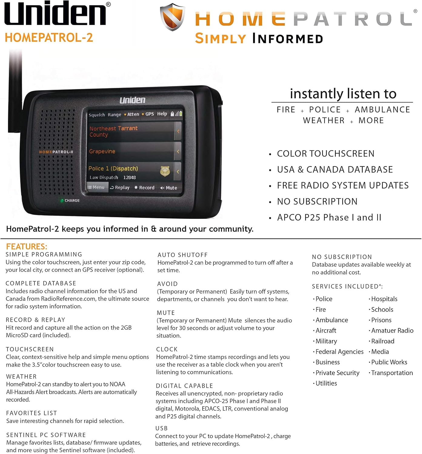 Uniden HomePatrol-2 Color Touchscreen Simple Programing Digital Scanner, TrunkTracker V and S,A,M,E, Emergency/Weather Alert, Digital Capable, APCO P25 Phase 1 and 2, Covers USA and Canada