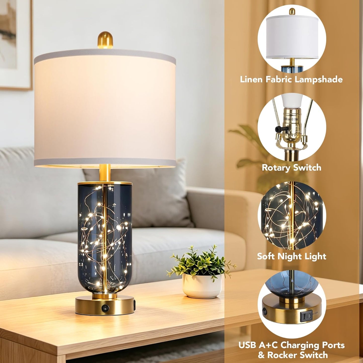 ROTTOGOON 23" Bedside Table Lamps for Living Room, Blue Glass Nightstand Lamps Set of 2 with USB A+C Charging Ports and Night Light Modern Table Lamp for Bedroom End Table (Bulbs Included)