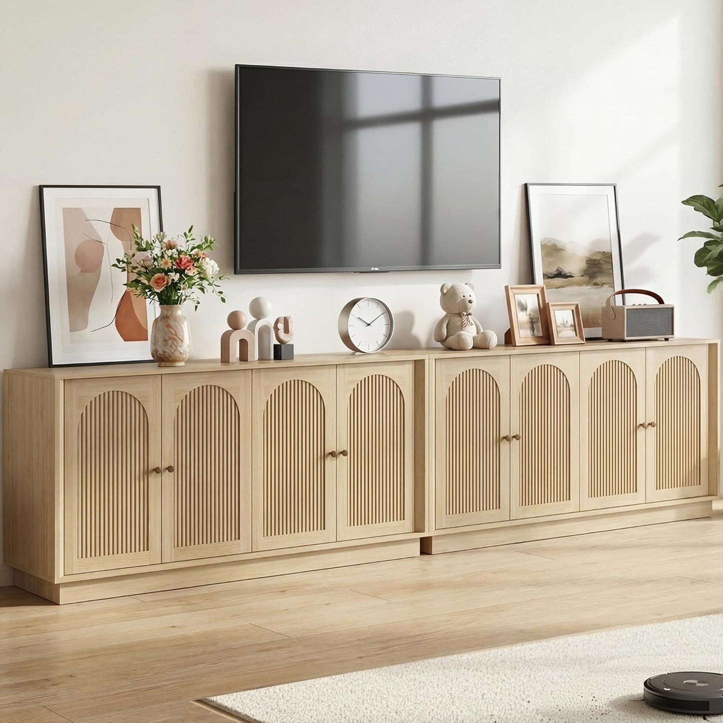 4-Piece Modern Living Room Set with 63" Buffet Sideboard Cabinet, 31.5" Accent Cabinet, 67" TV Stand for 75 inch TVs w/Fluted Arched Doors, Square Lift Top Coffee Table with Storage (Oak)