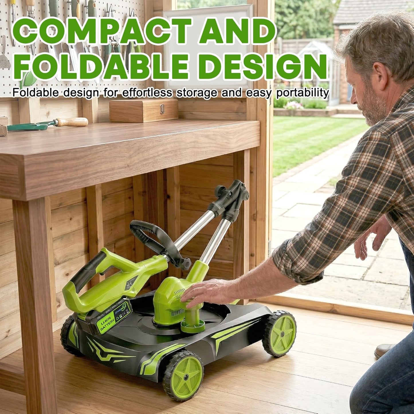 4-in-1 Electric Small Lawn Mower with Detachable Wheeled Base, 3 Position Cutting Height, Cordless Mini Push Mower Battery Powered for Garden/Yard/Farm, Gardening Gifts for Parents, Seniors, Women