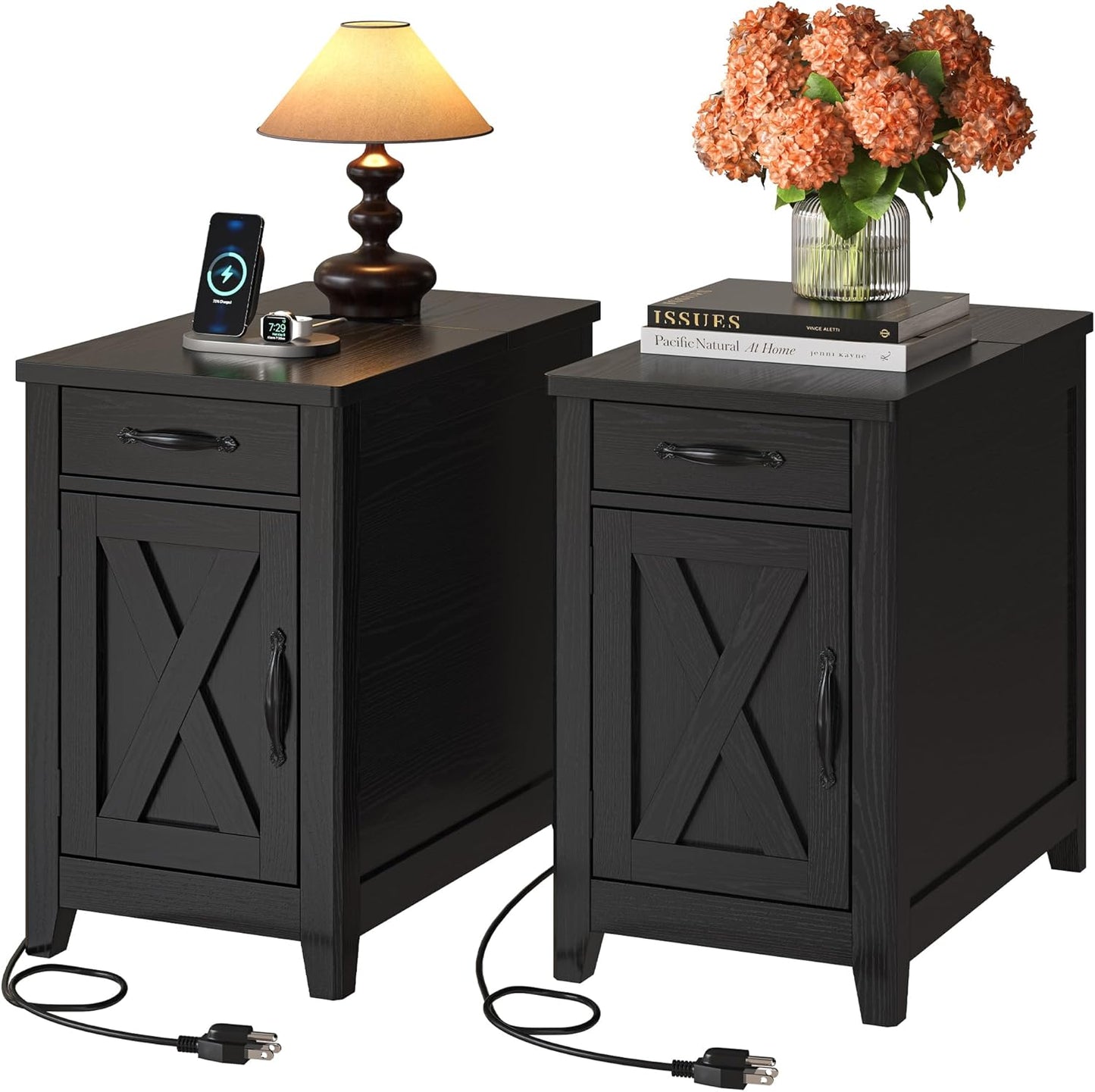 IRONCK End Table with Charging Station, Narrow Side Table for Living Room, Night Stand Set of 2 with Drawer and Cup Holder, Farmhouse Bedside Table with USB Ports and Outlets for Home, Black