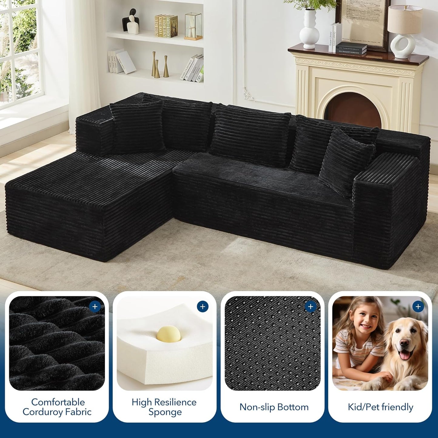 Boneless Couch, 106" Left Corduroy Cloud Couch Sectional .Vacuum Compressed Couch, L-Shaped Modular Sectional Couch with Chaise Lounge, Boneless Couch for Living Room, Comfy Compact Sofa Set