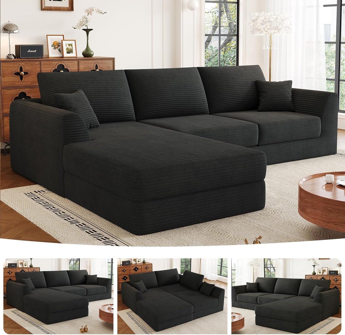 106" Modular Sectional Sofa with Reversible Chaise, Black Corduroy L-Shaped Cloud Couch for Living Room Apartment, 3-Piece Set, No Assembly Required, High-Density Supportive Foam