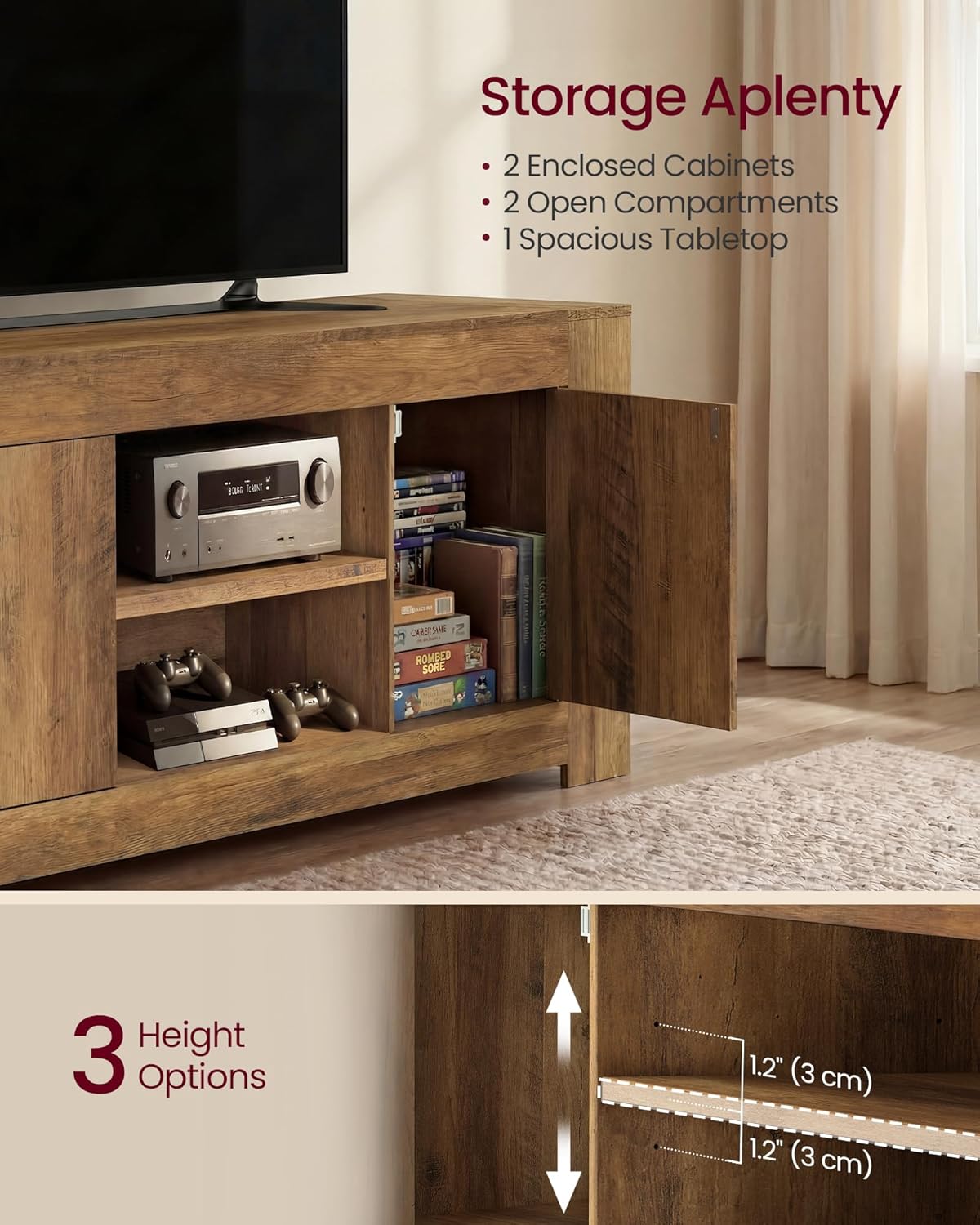 VASAGLE TV Stand, Farmhouse Entertainment Center with Storage Cabinets, Media Console Table for Living Room, Bedroom, for 65 Inch TV, 58 x 15.7 x 23.6 Inches, Honey Brown ULTV623K101S