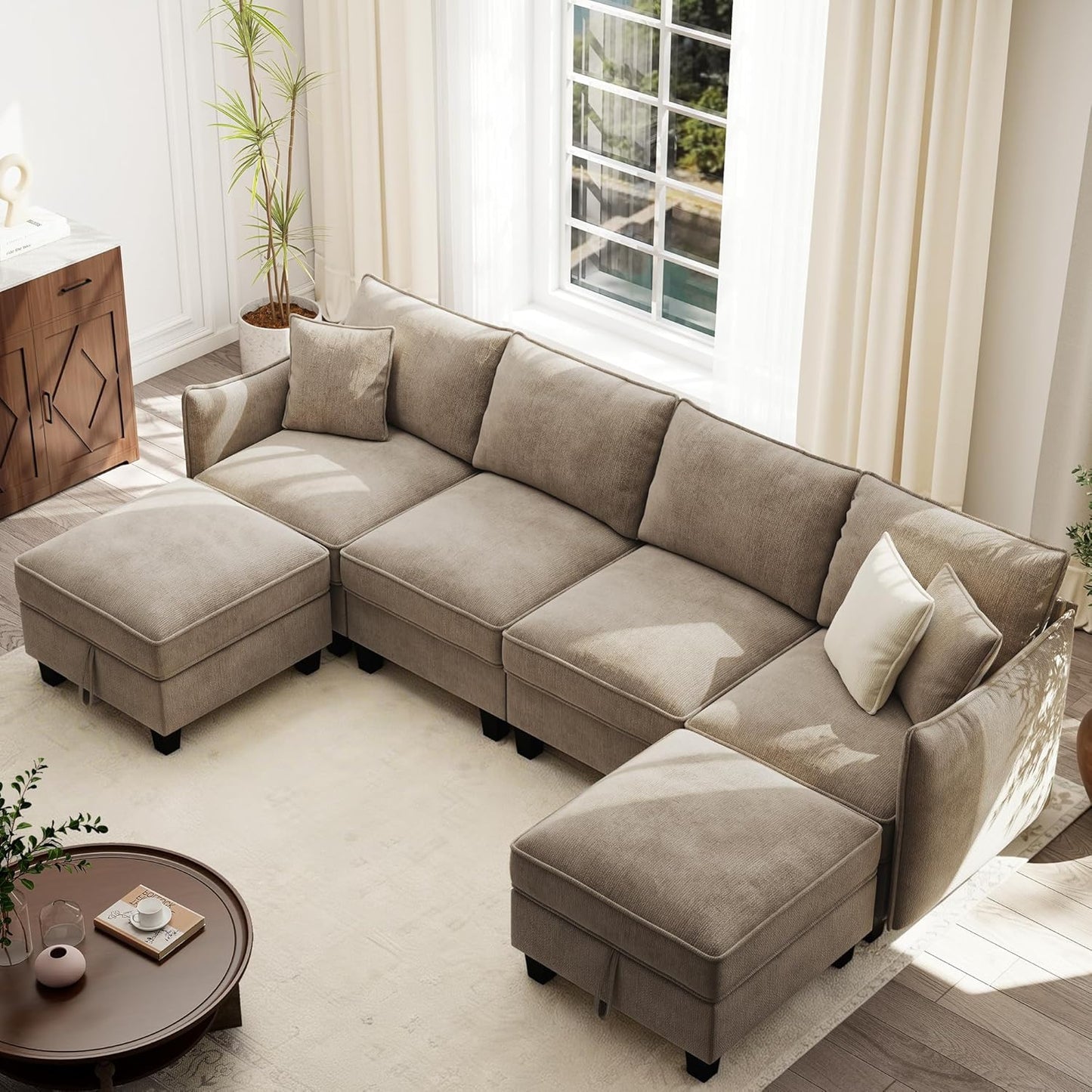 Ihanherry 112" Modular U-Shaped Sectional Sofa, Modern 6-Seat Cloud Couch with 2 Storage Ottomans, Comfy Chenille Convertible Furniture Set for Living Room, Apartment, Easy Assembly, Brown