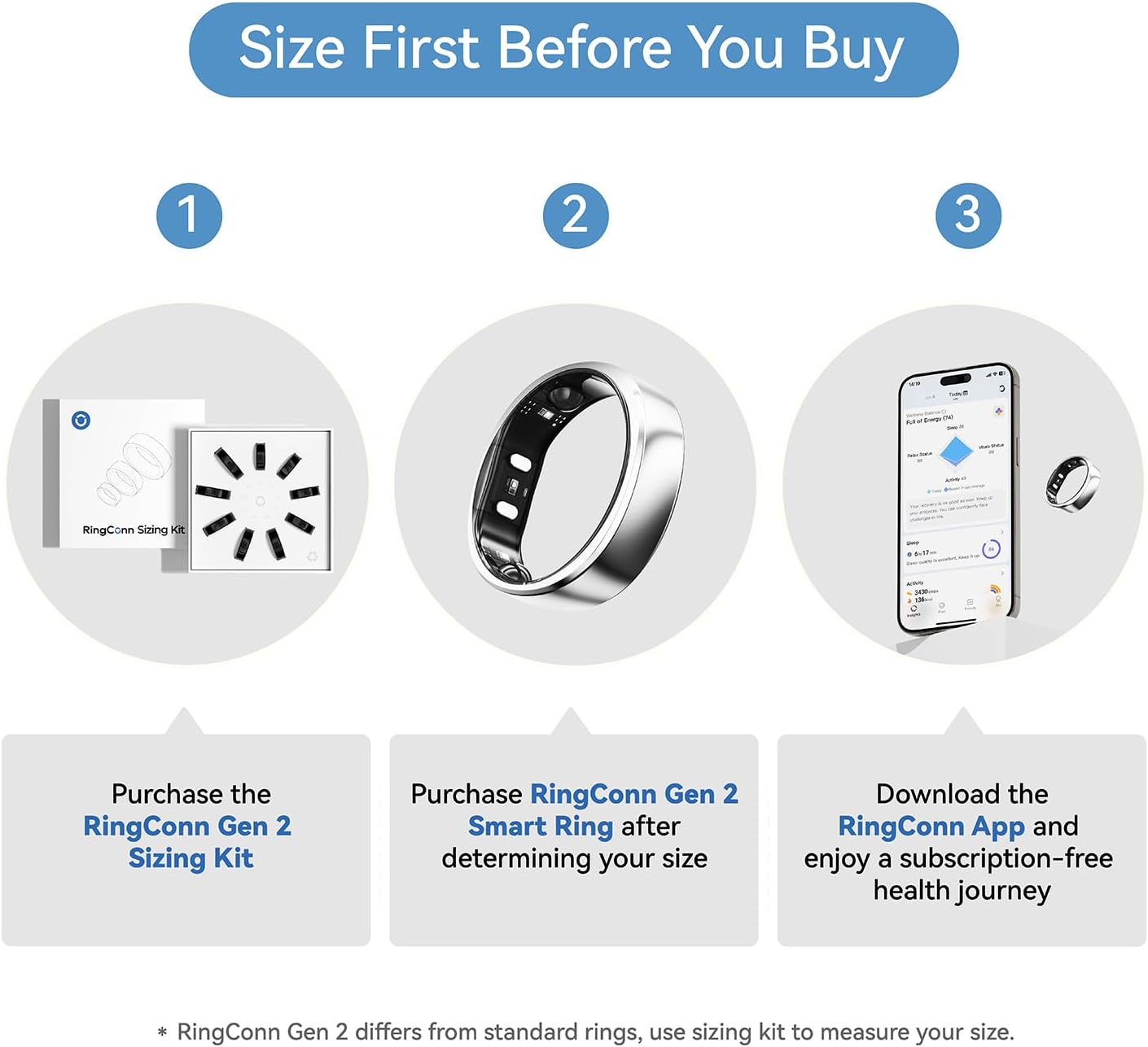 RingConn Gen 2, World's First Smart Ring with Sleep Apnea Monitoring, No APP Subscription, 12-Day Battery Life, Stress/Heart Rate/Women's Health Tracker, Android & iOS Compatible (Silver, Size 9)